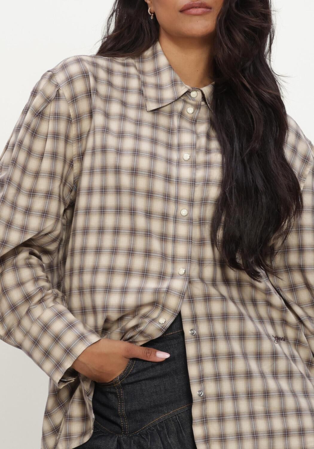 Beige GANNI Blouses LIGHT CHECK FLANNEL PLEATED SLEEVE SHIRT - large
