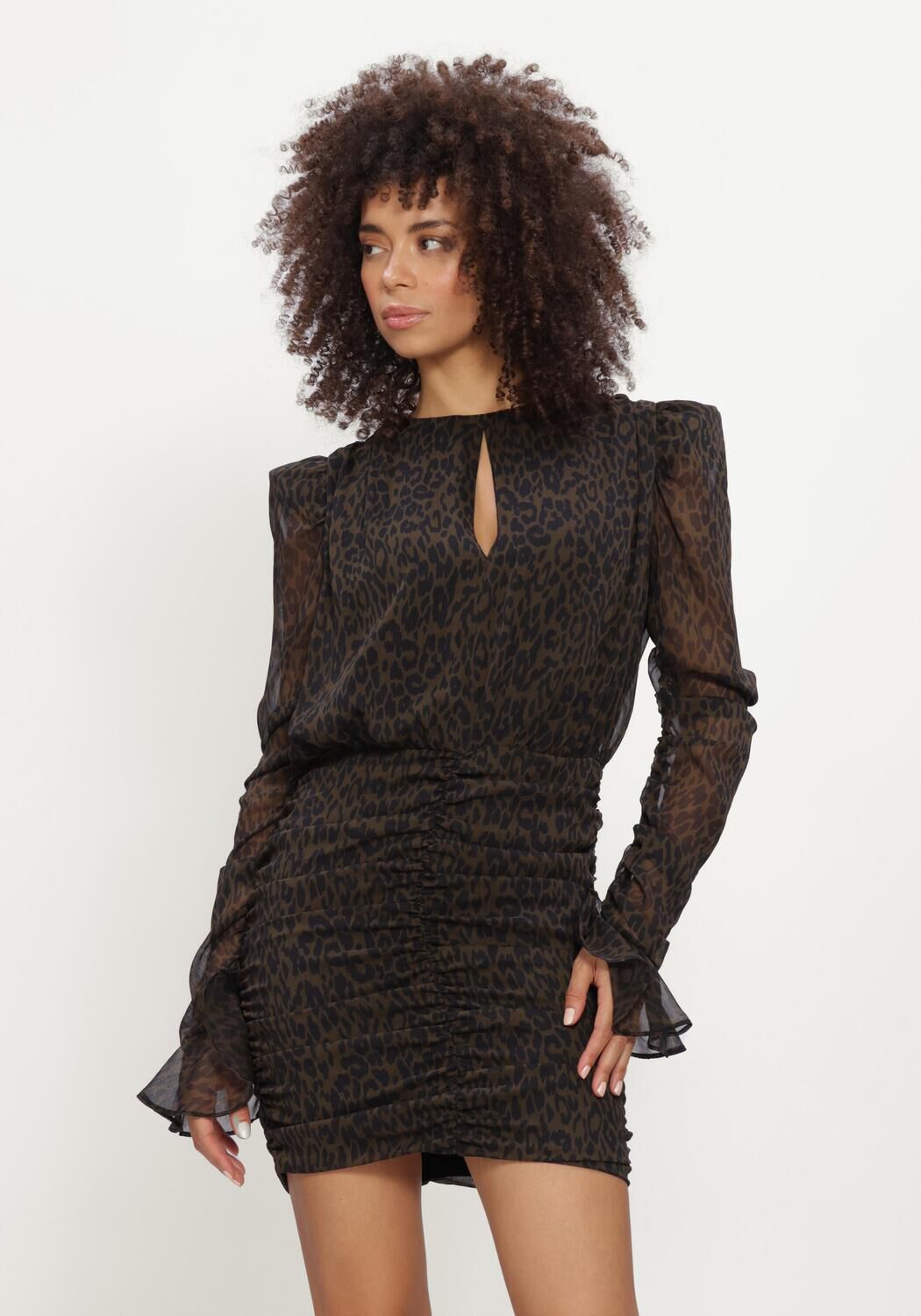 Bruine ROTATE Mini jurk RUCHED FLOWER MINI DRESS - large