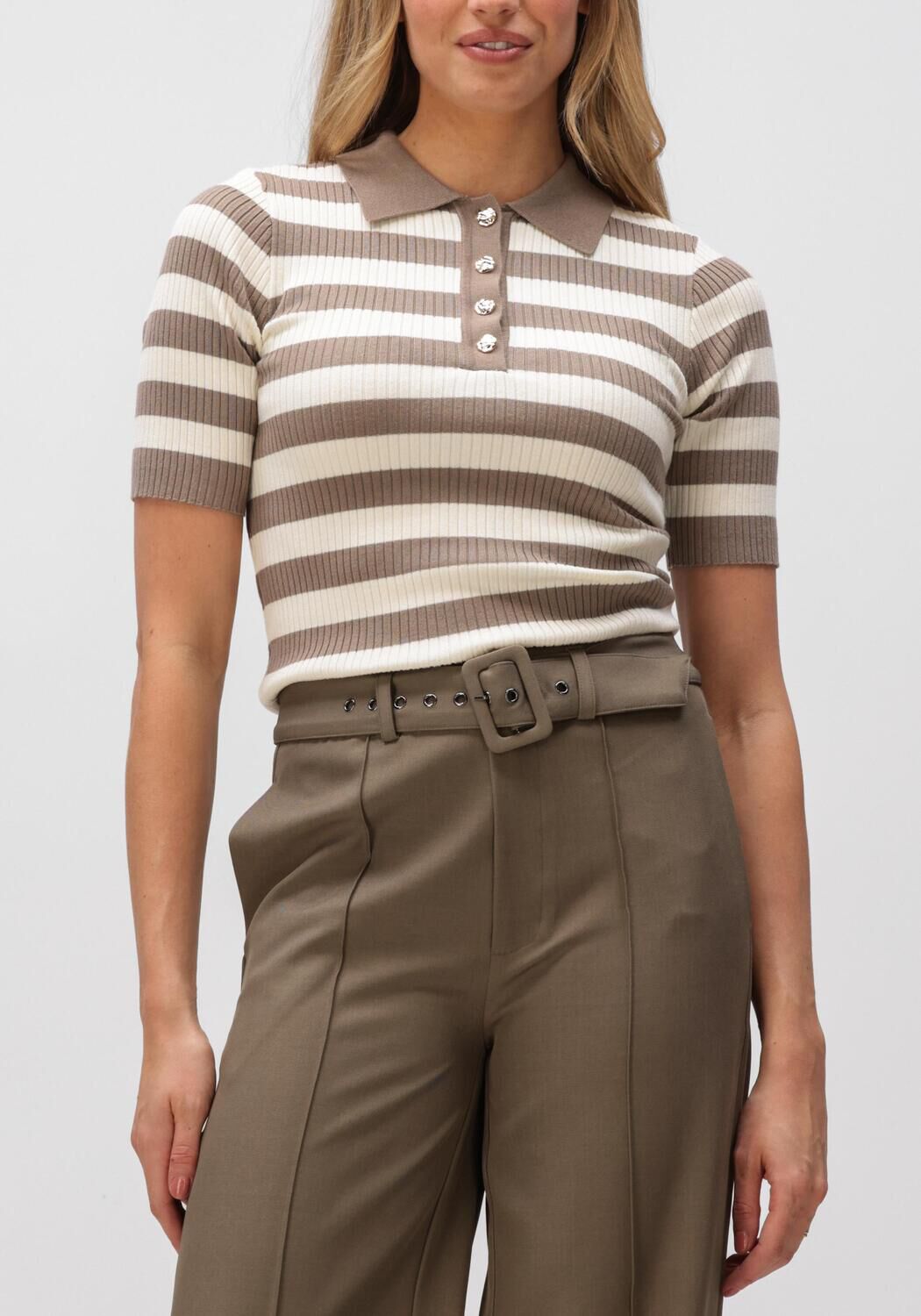 Bruine CO'COUTURE Trui BONNY STRIPE S/S POLO KNIT - large
