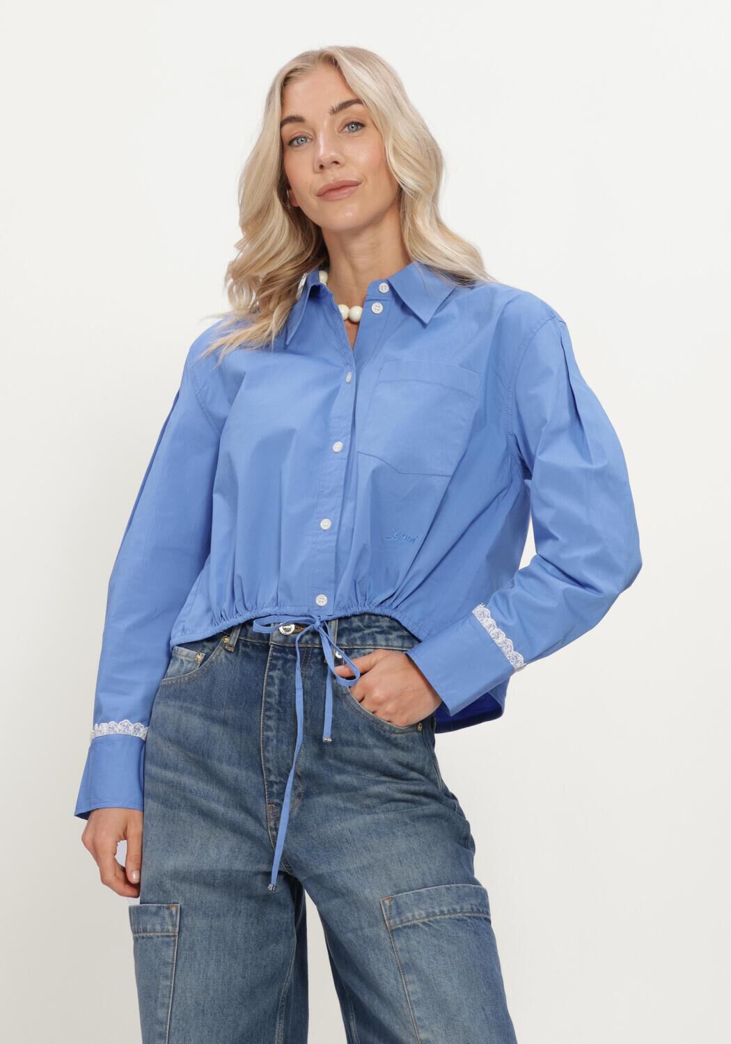 Blauwe GANNI Blouses STRETCH COTTON CROPPED BOWLING SHIRT - large