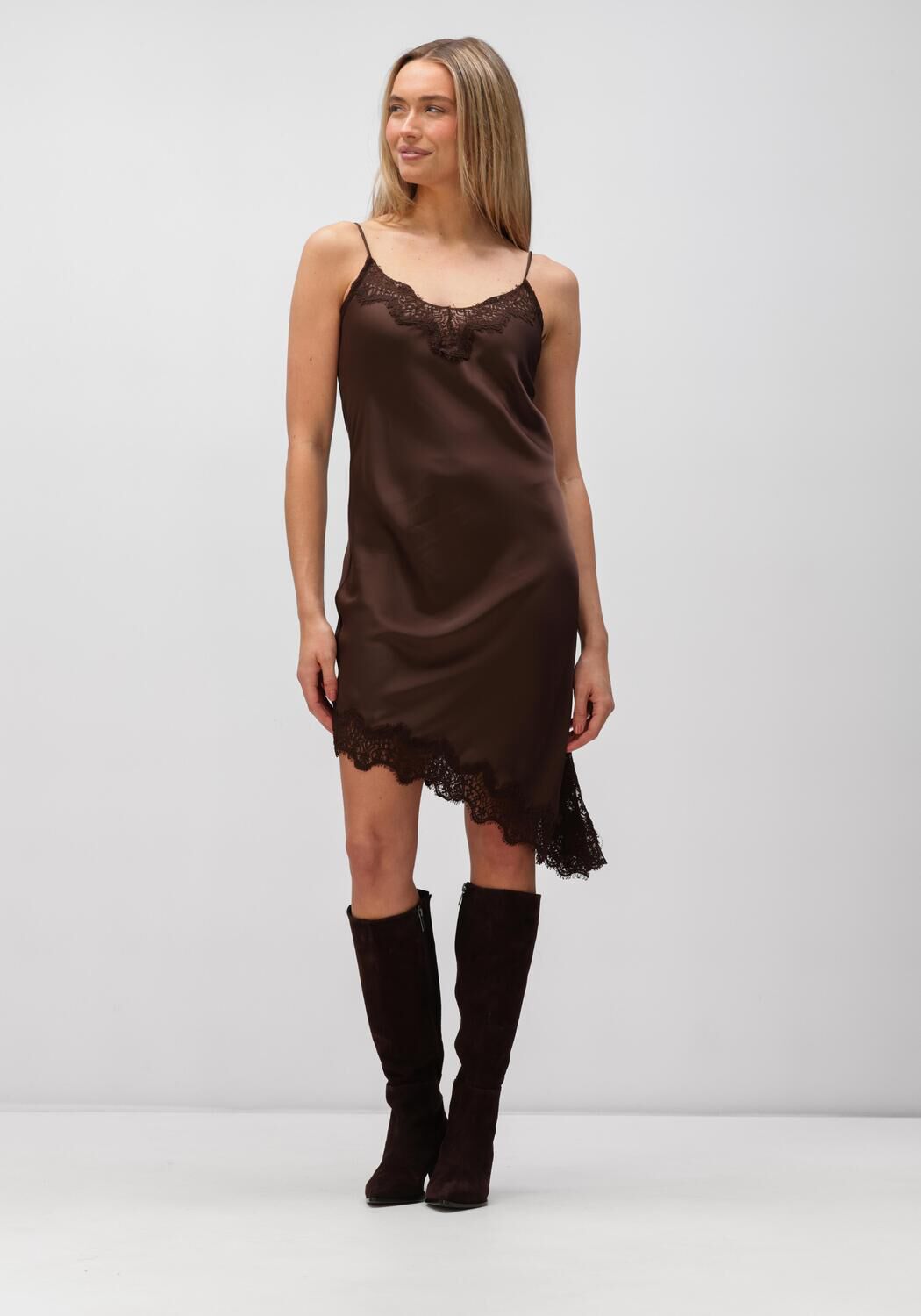 Haute L'Amitié Mini Jurk Dames Naomi Asym Lingerie Dress, Maat: L, Kleur: Bruin afbeelding 1