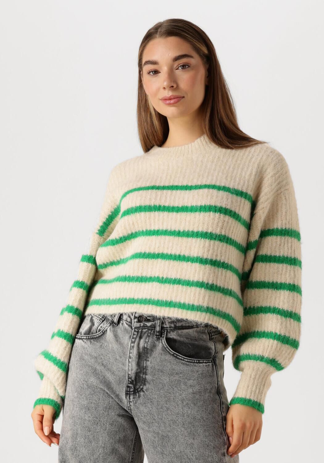 Co'Couture Trui Dames Coralie Crop Stripe O-knit, Maat: L, Kleur: Groen