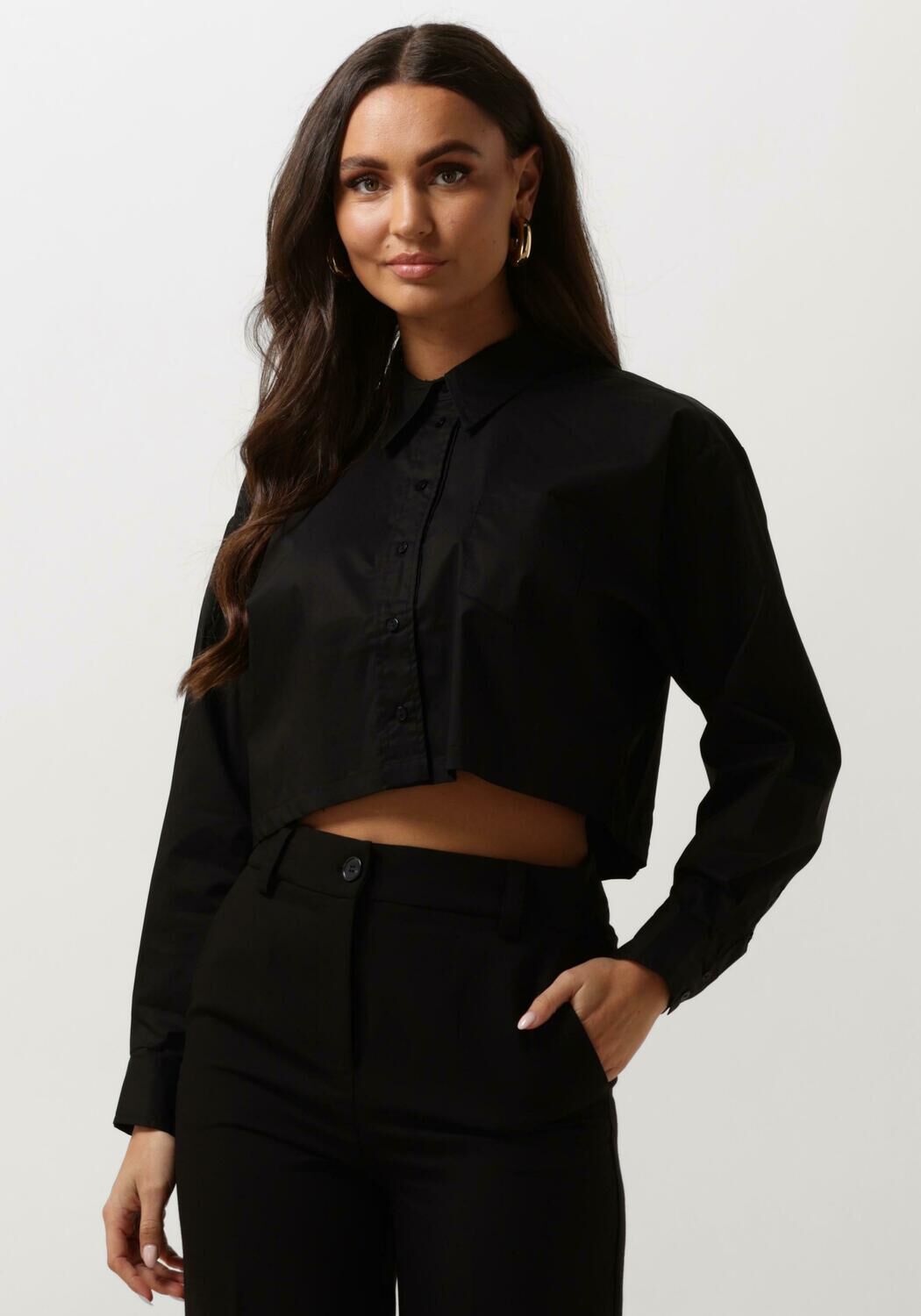 Co'Couture Blouse Dames Cotton Crisp Cropped Shirt, Maat: L, Kleur: Zwart