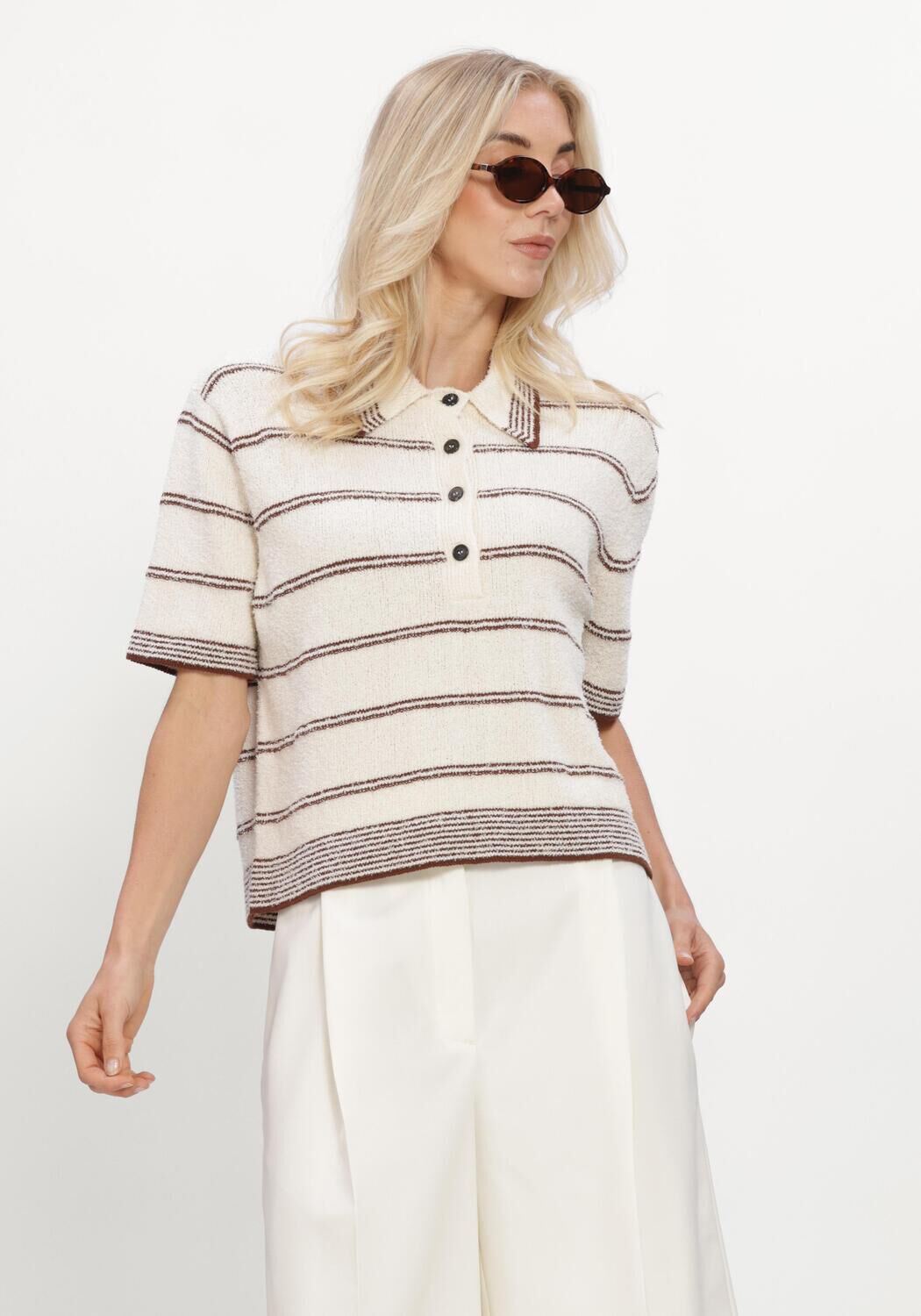 Creme ROHE Polo TOWELLING STRIPED POLO - large