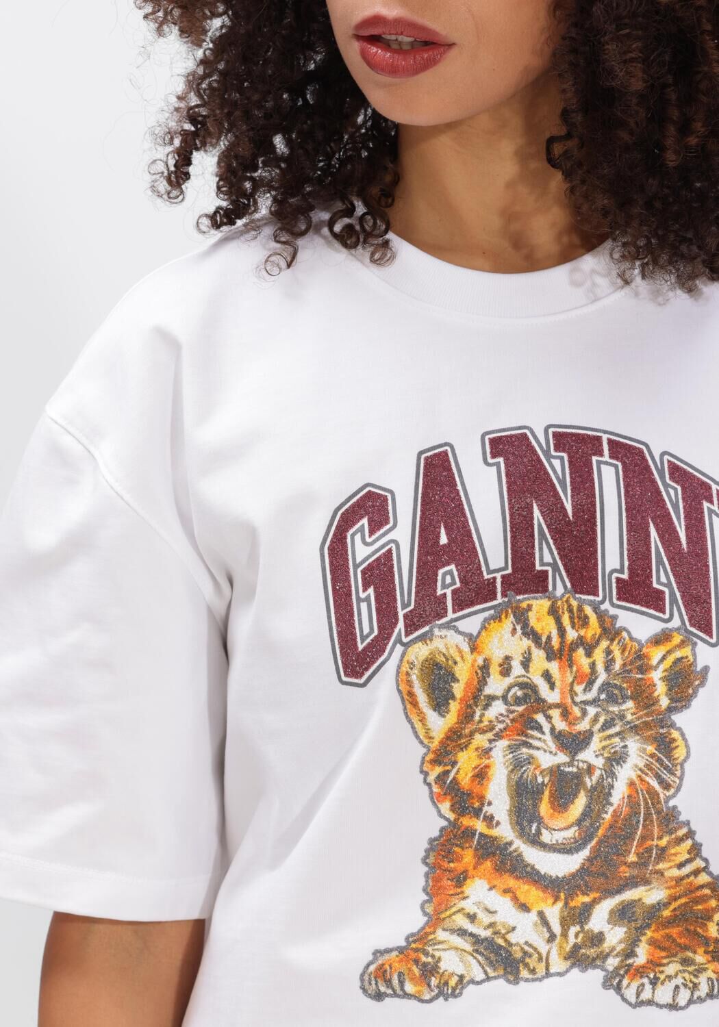 Witte GANNI T-shirt JERSEY BEADED BABY TIGER PRINT - large