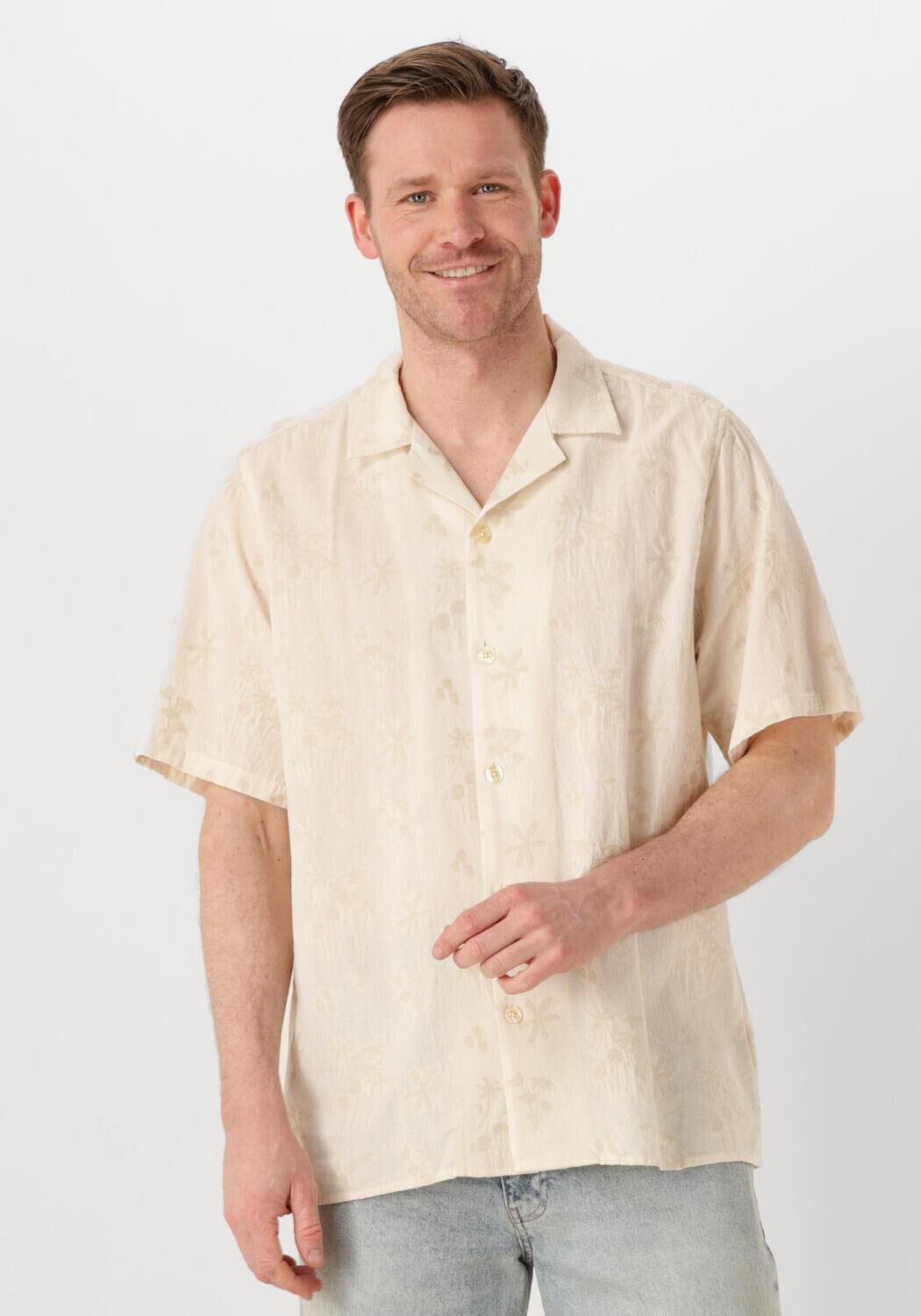 Forét Casual Overhemd Heren Peer Flower Jacquard Ss Shirt, Maat: XL, Kleur: Beige afbeelding 1