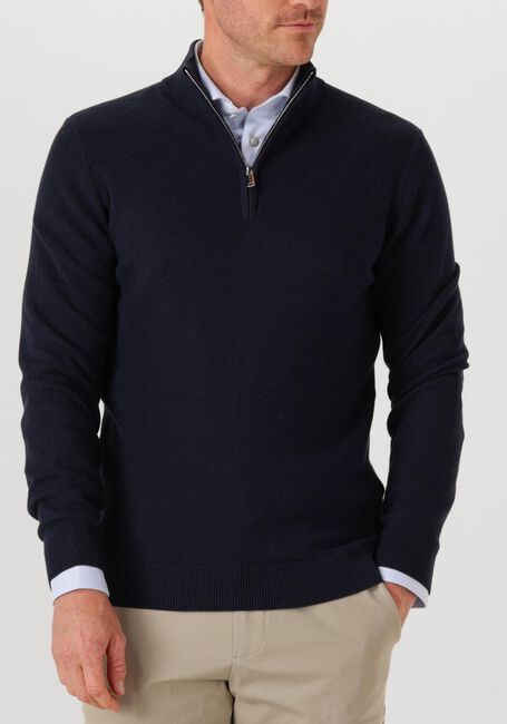 Donkerblauwe PROFUOMO Trui PULLOVER HALF ZIP TWINKLE SLUB - large