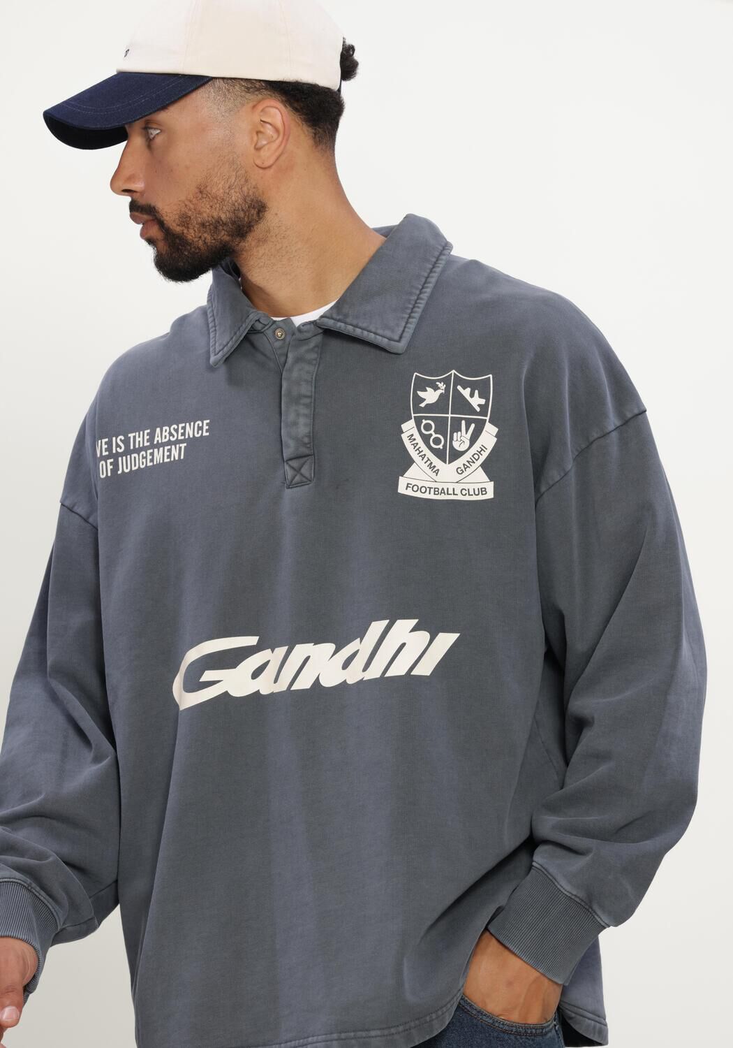Donkergrijze HOPEIUM Sweater FOOTBALL GANDHI POLO SWEAT HEAVY WASHED GREY - large