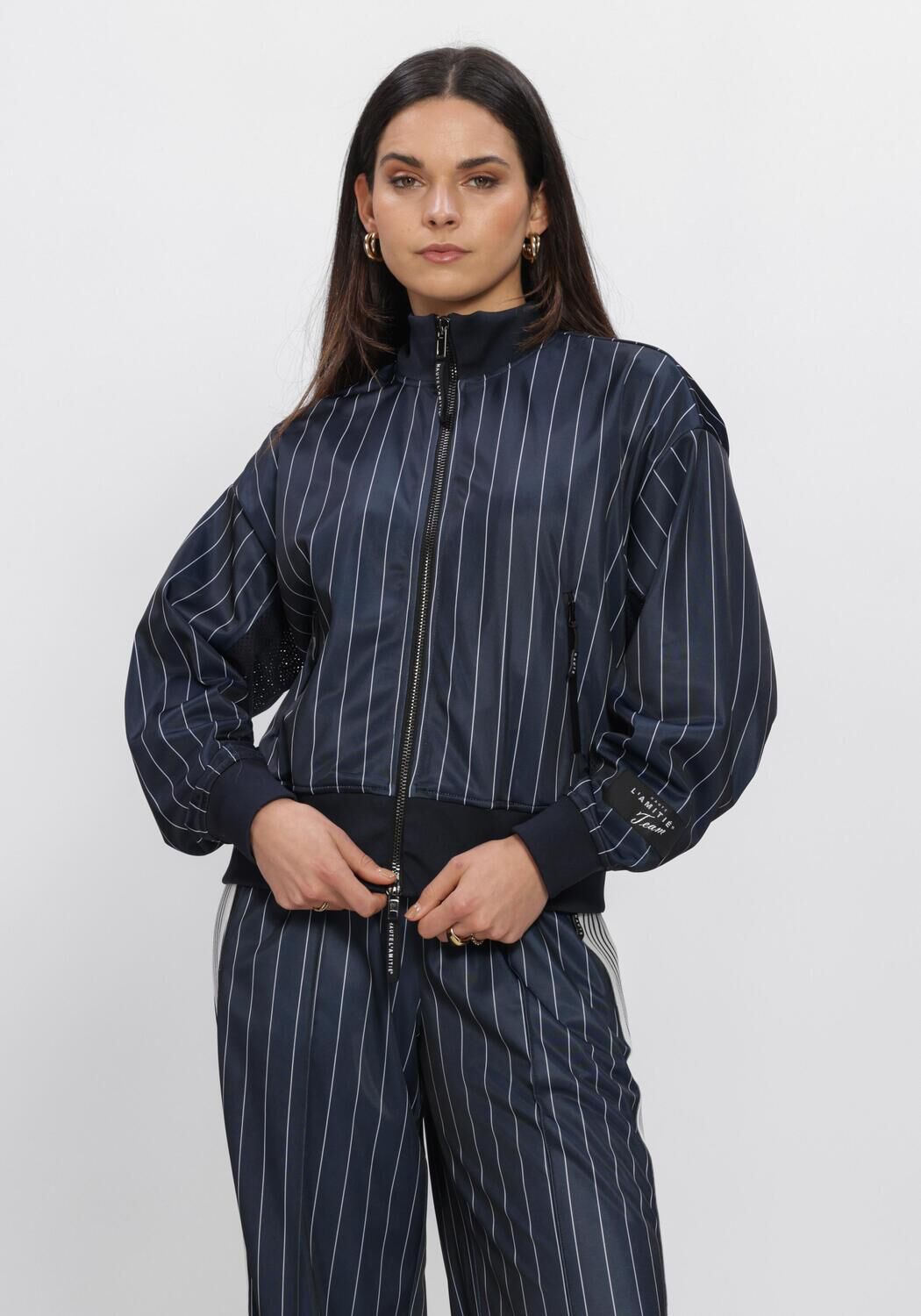 Haute L'Amitié Sweater Dames Pin Stripe Zip Sweat, Maat: S, Kleur: Donkerblauw afbeelding 1