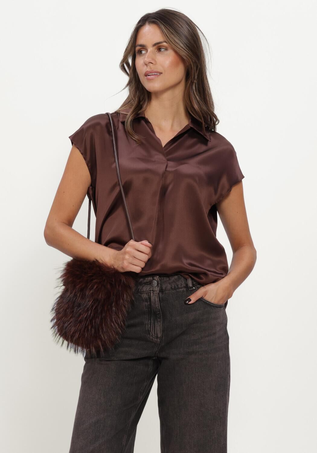 Bruine LUISA CERANO Top KURZARM-SEIDENBLUSE - large