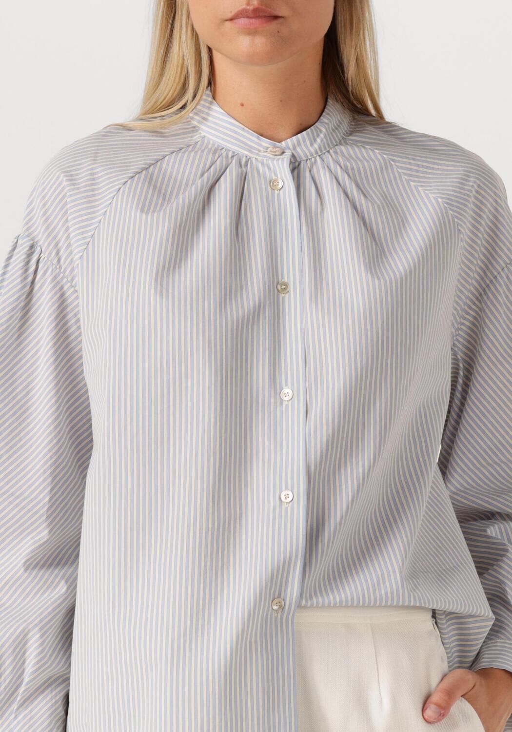 Lichtblauwe FORTE FORTE Blouses FROISSE' COTTON STRIPE BOHEMIAN SHIRT - large