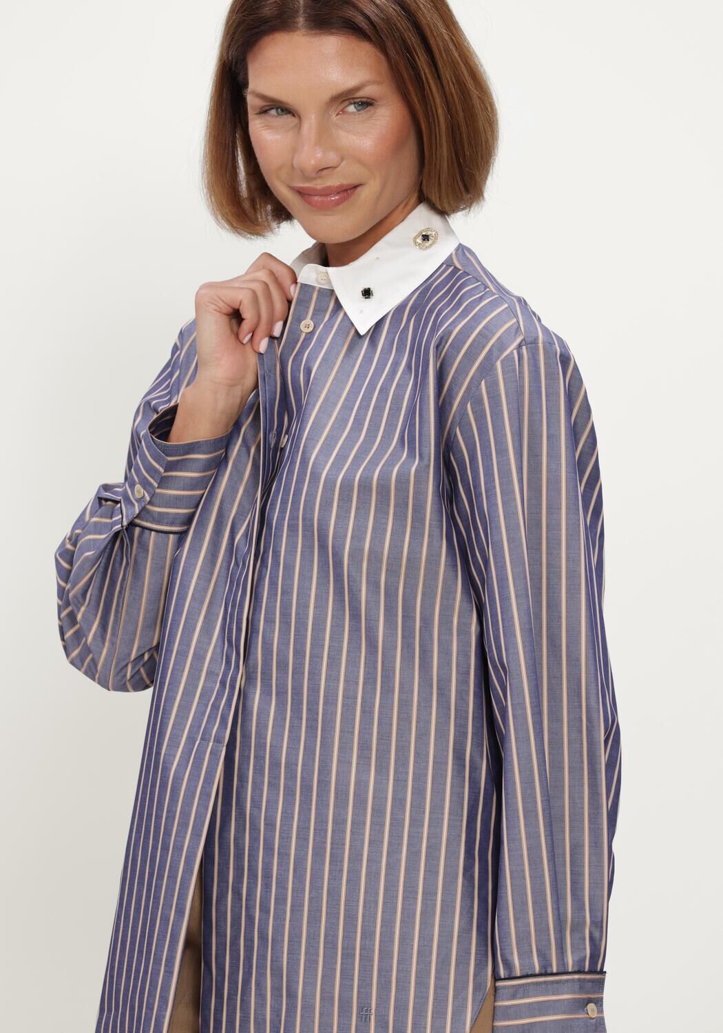 Blauwe FORTE FORTE Top EMBROIDERED POPLINE SATIN STRIPE OVERSIZED SHIRT - large