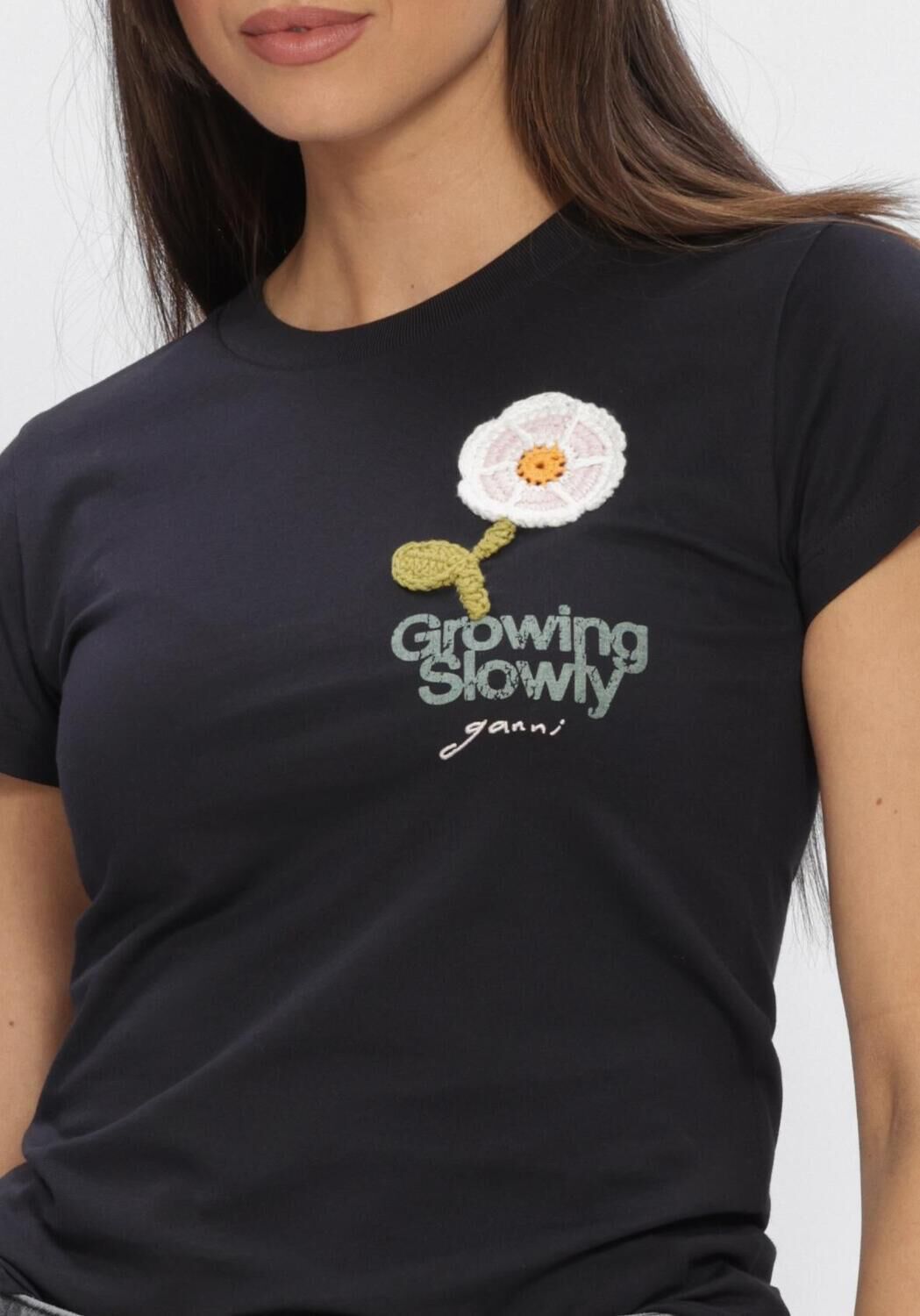 Grijze GANNI T-shirt JERSEY BABY FIT CROCHET PATCH - large