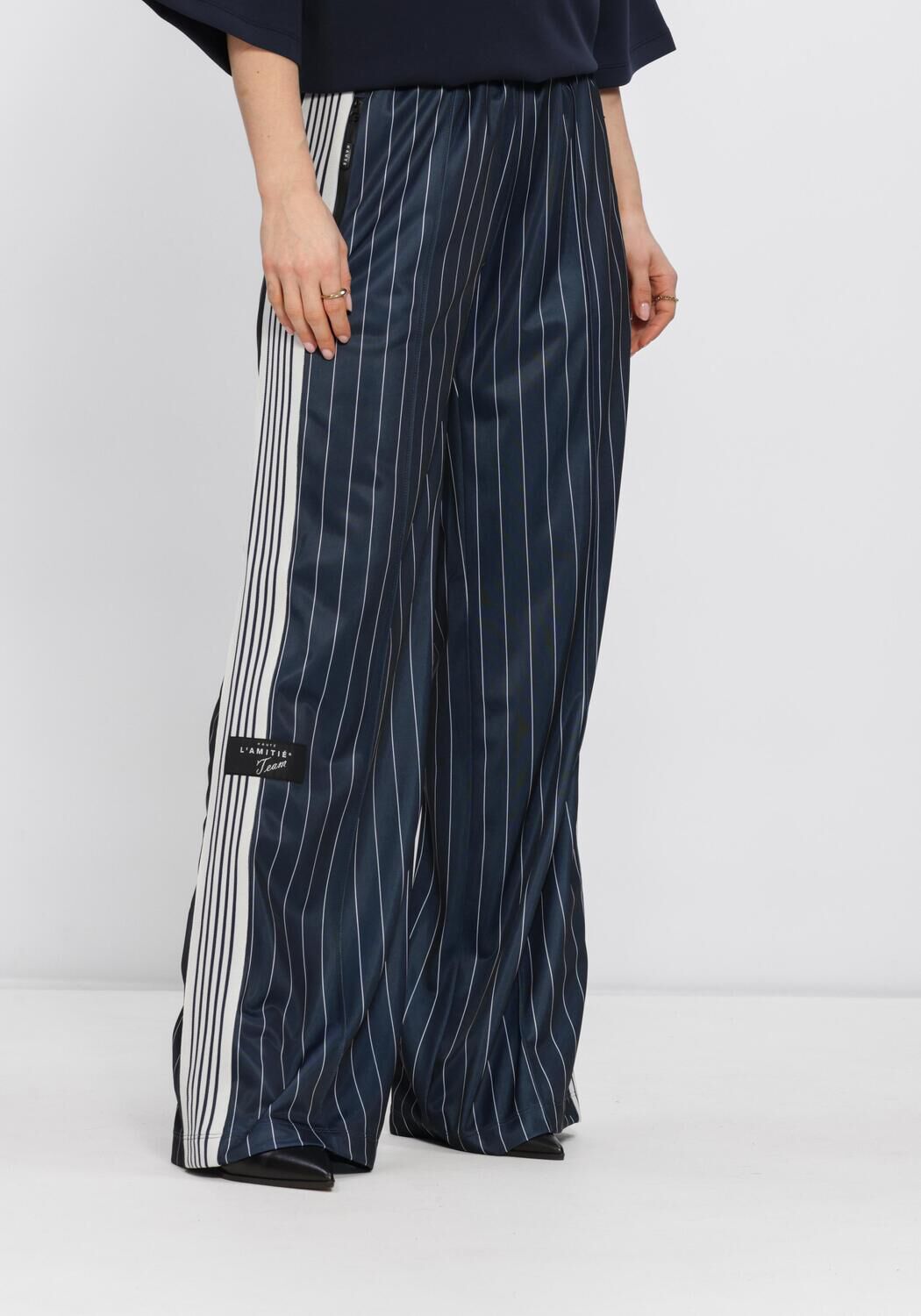 Haute L'Amitié Wijde Broek Dames Baggy Pin Stripe Track Tall Pants, Maat: S, Kleur: Donkerblauw afbeelding 1