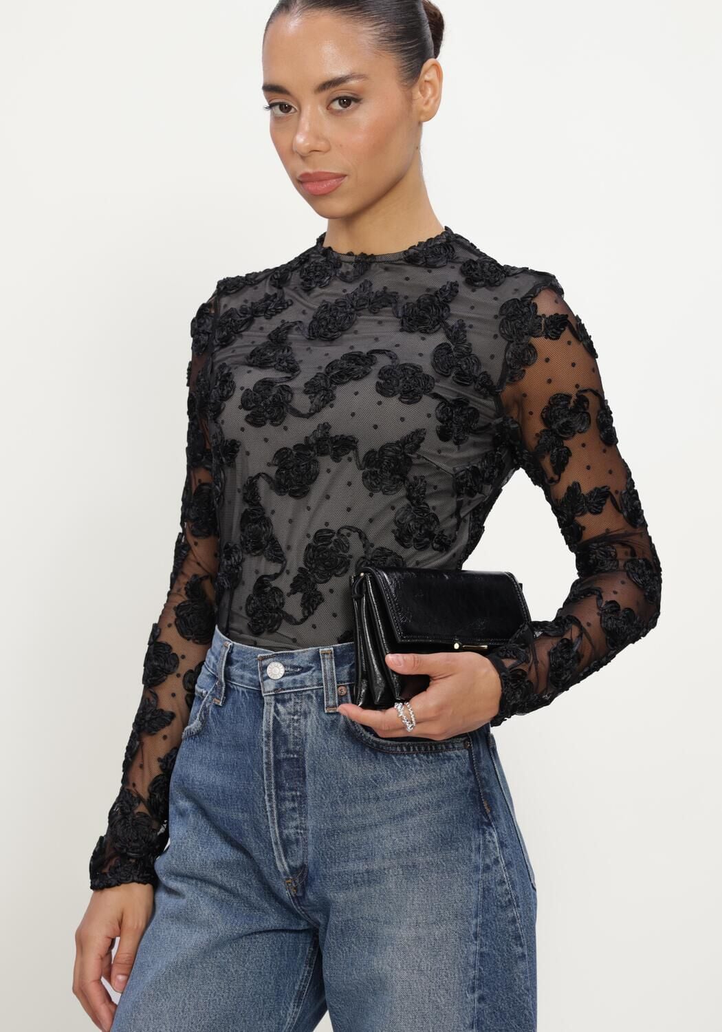 Zwarte ROTATE Top FLOWER MESH LS TOP - large