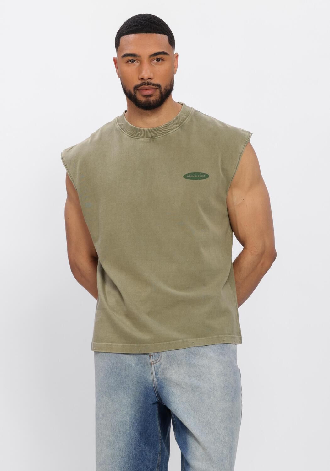 Khaki BRAM'S FRUIT Polo &ldquo;F*CK OFF&rdquo; SLEEVLESS T-SHIRT DISTRESSED - large