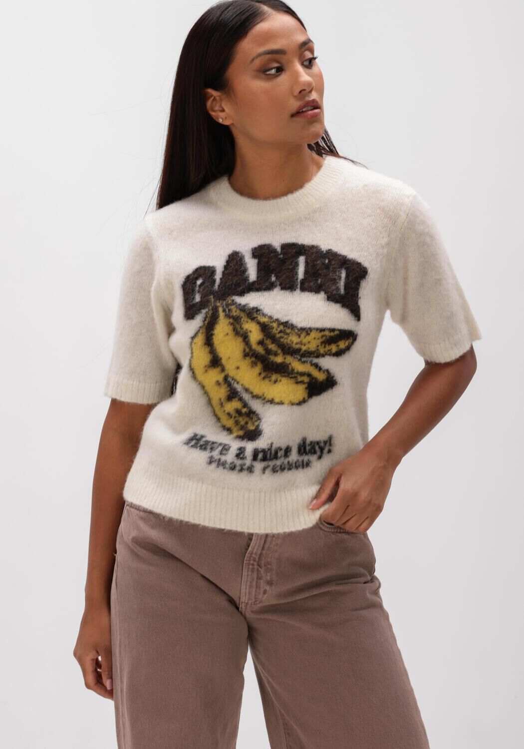 Creme GANNI Top BRUSHED ALPACA GRAPHIC T SHIRT - large