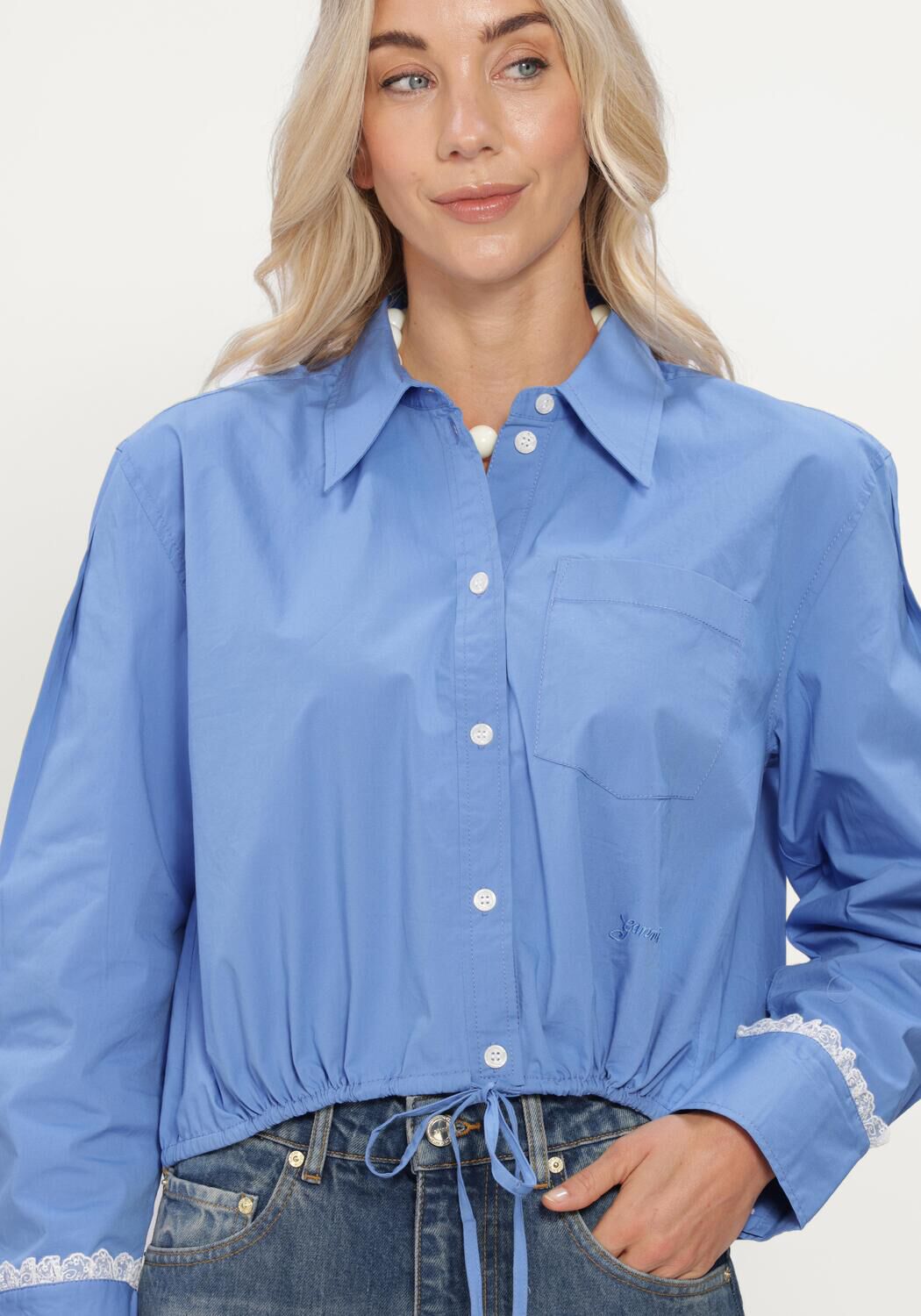 Blauwe GANNI Blouses STRETCH COTTON CROPPED BOWLING SHIRT - large