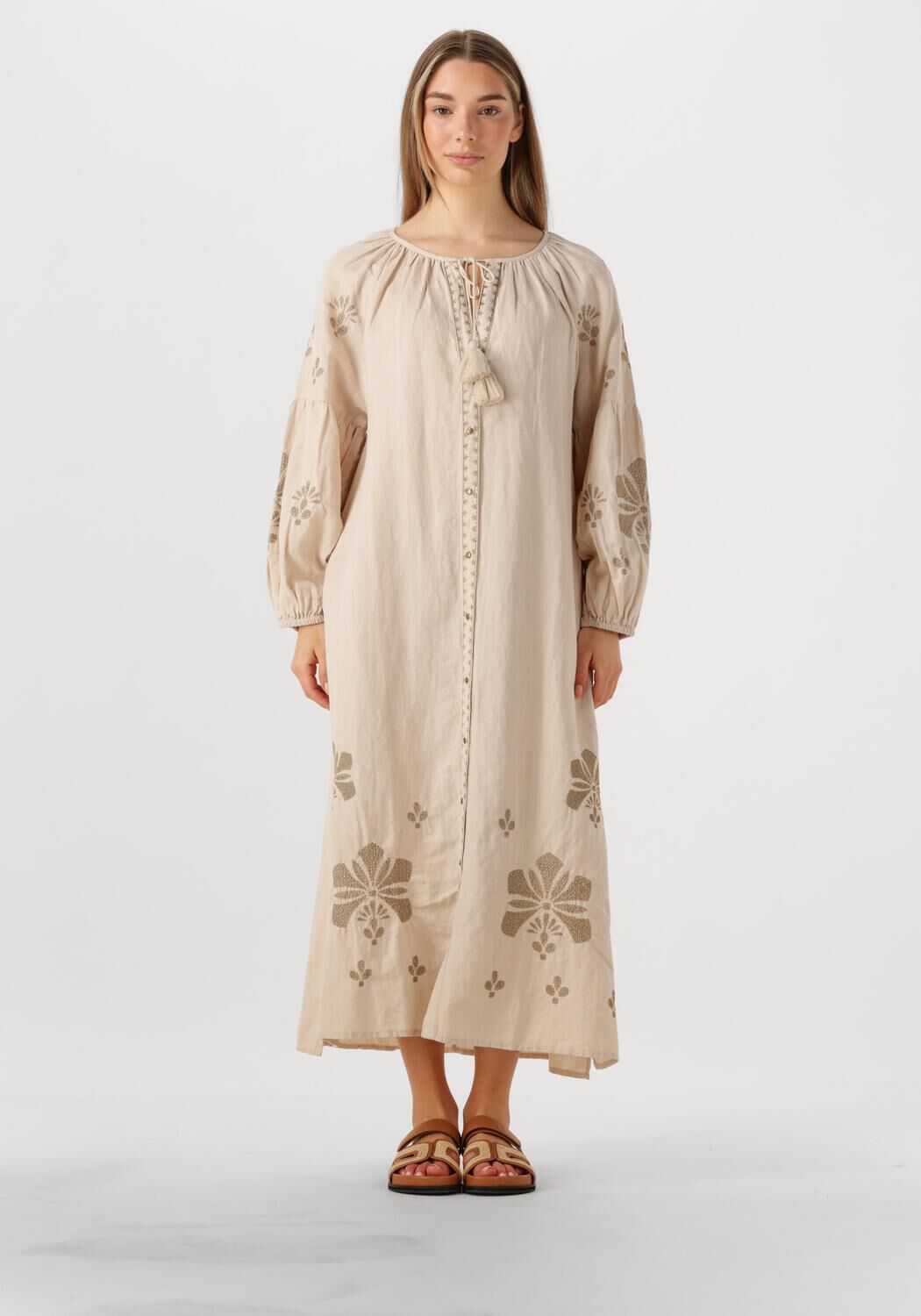 Summum Maxi Jurk Dames Long Dress Linen Heavy Embroidery, Maat: 36, Kleur: Zand afbeelding 1