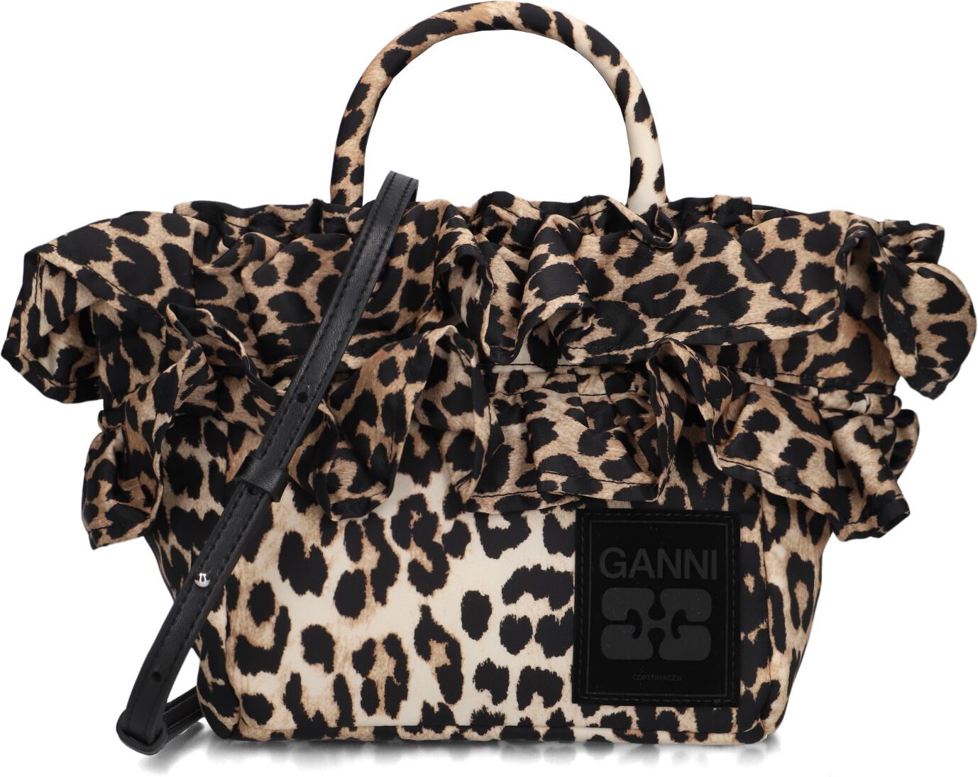 Ganni Ganni Schoudertas Dames Mini Shopper Ruffle Print, Materiaal: Textiel
