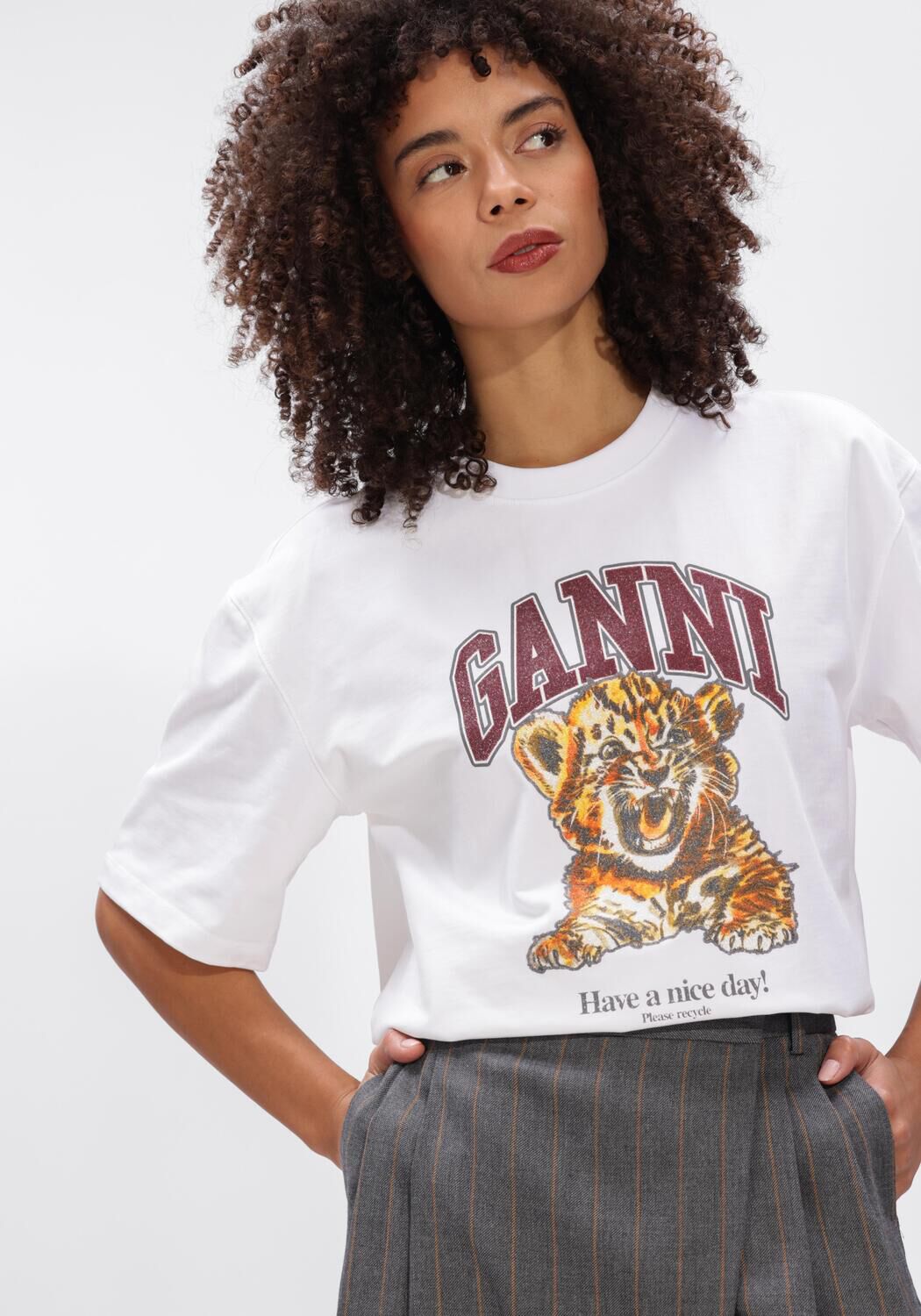 Witte GANNI T-shirt JERSEY BEADED BABY TIGER PRINT - large