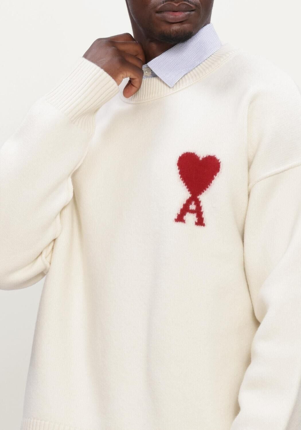 Ecru AMI PARIS Trui QUOTA - CREWNECK SWEATER WITH CONTRASTED AMI DE COEUR - large