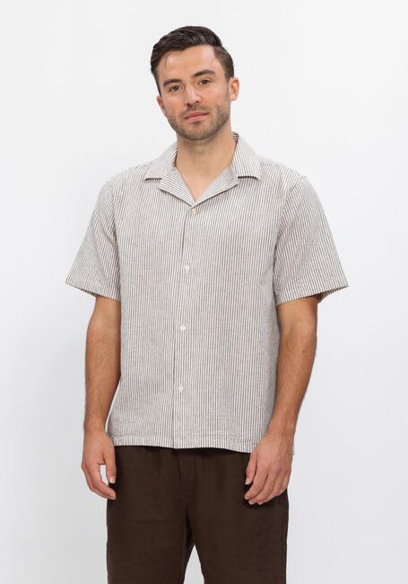 Bruine LES DEUX Casual overhemd LUKAS STRIPE COTTON LINEN SS SHIRT - large