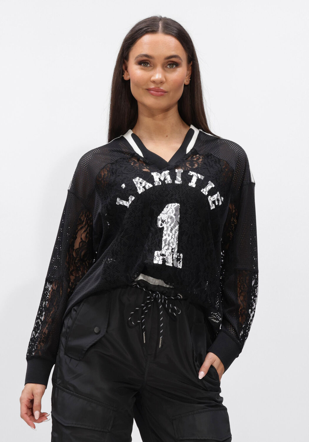 Haute L'Amitié Top Dames Lace Football V-blouse, Maat: S, Kleur: Zwart afbeelding 1