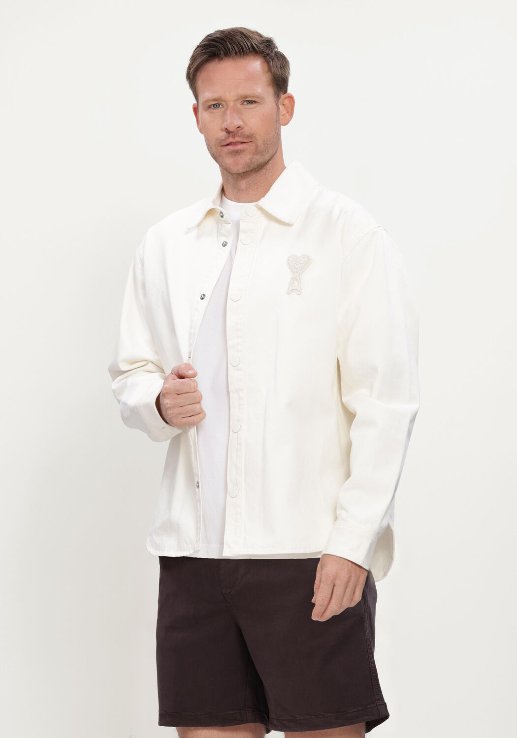 Ecru AMI PARIS Overshirts OVERSHIRT WITH KNITTED AMI DE COEUR - large