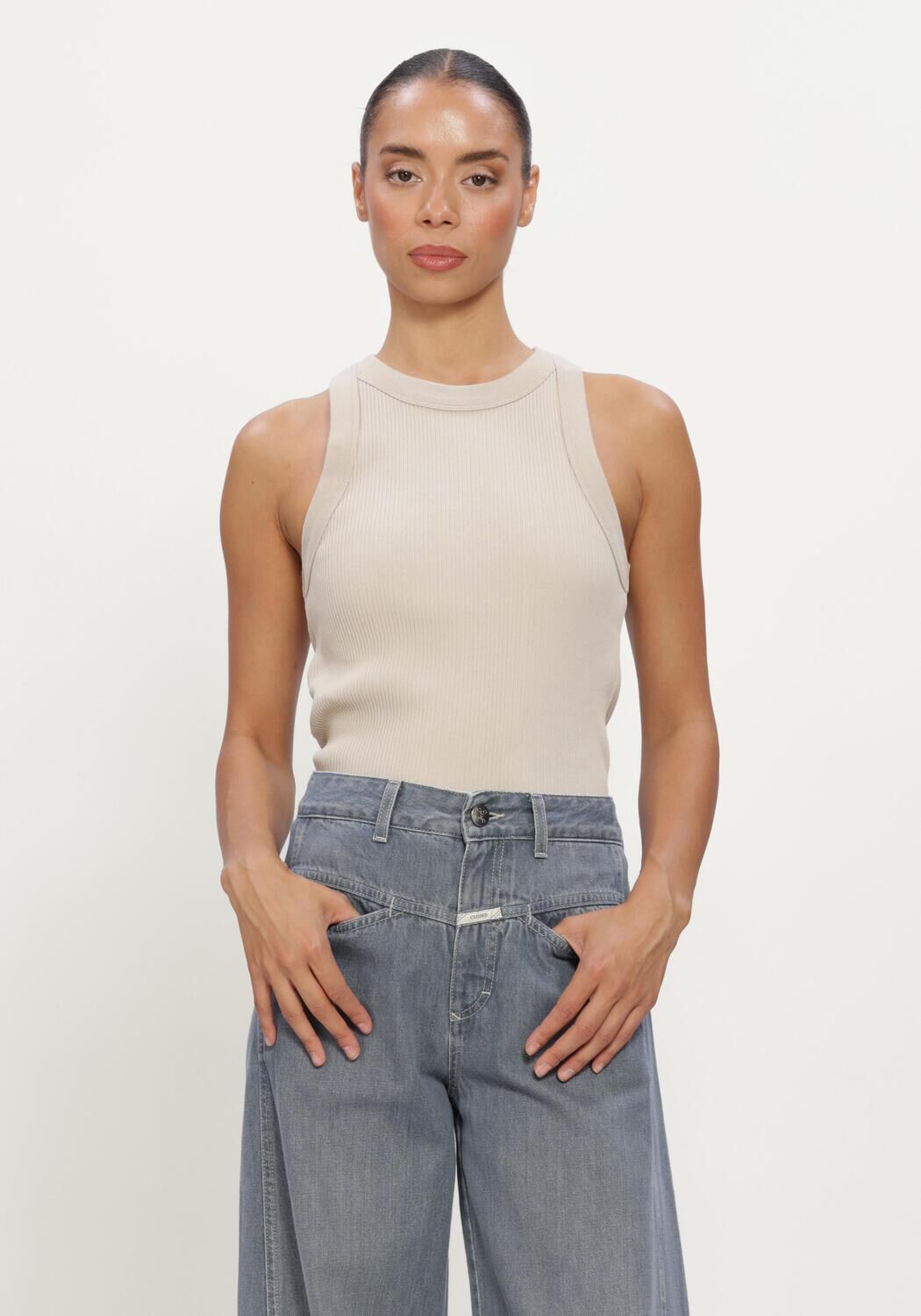 Beige OLAF HUSSEIN Top RETRO LOGO RIB TANK TOP - large