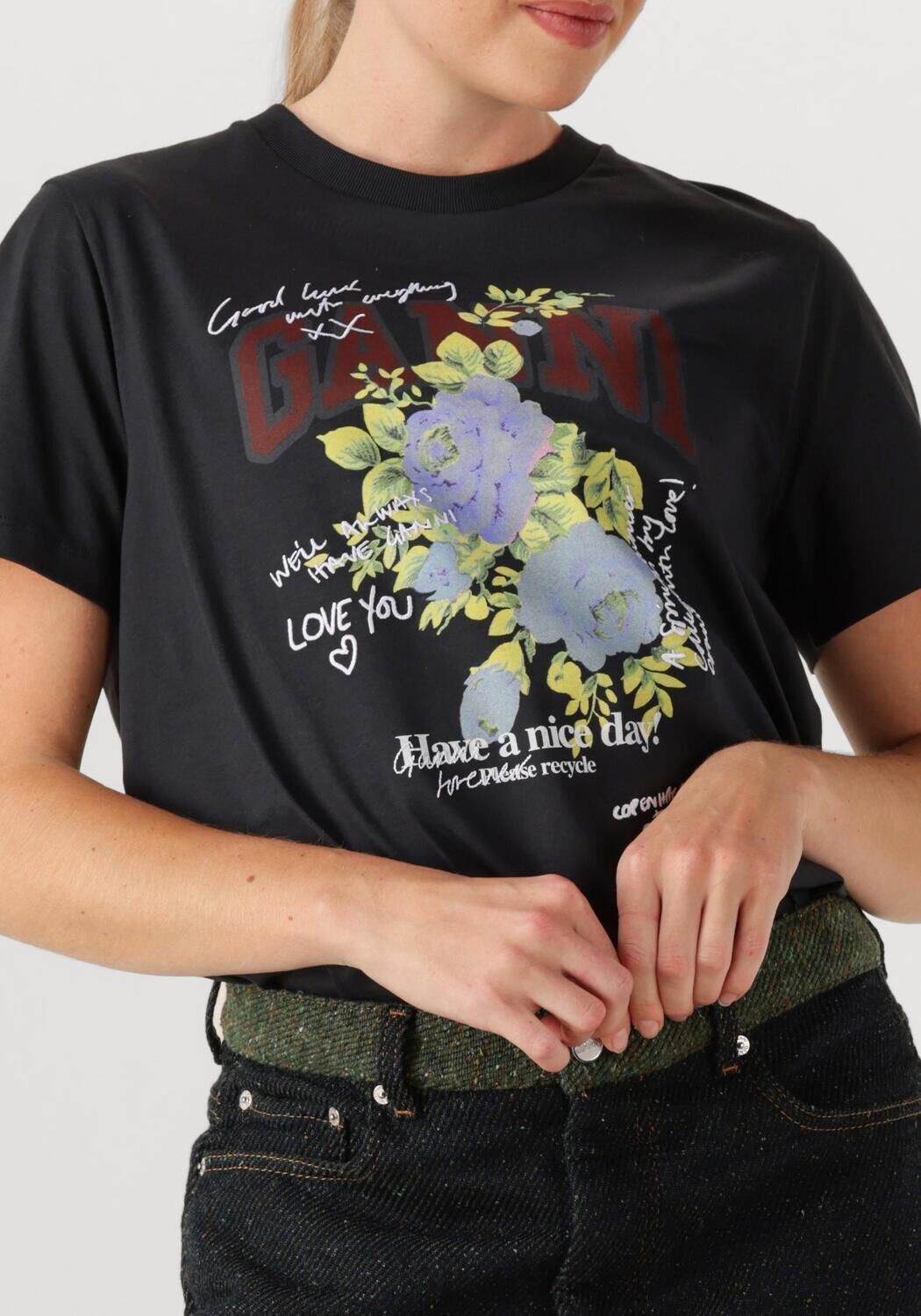 Donkergrijze GANNI T-shirt BASIC COTTON JERSEY ROSE T-SHIRT - large