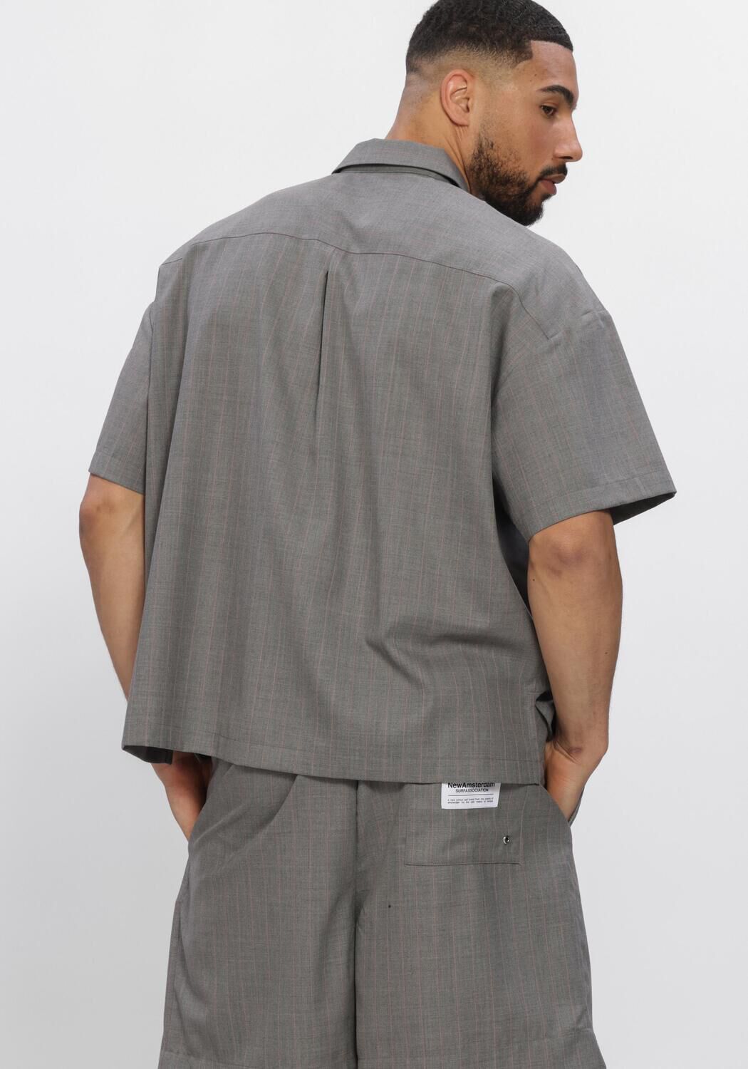 Grijze NEW AMSTERDAM SURF ASSOCIATION Casual overhemd WIJK SHIRT WOOL GREY WITH PINK PINSTRIPES - large