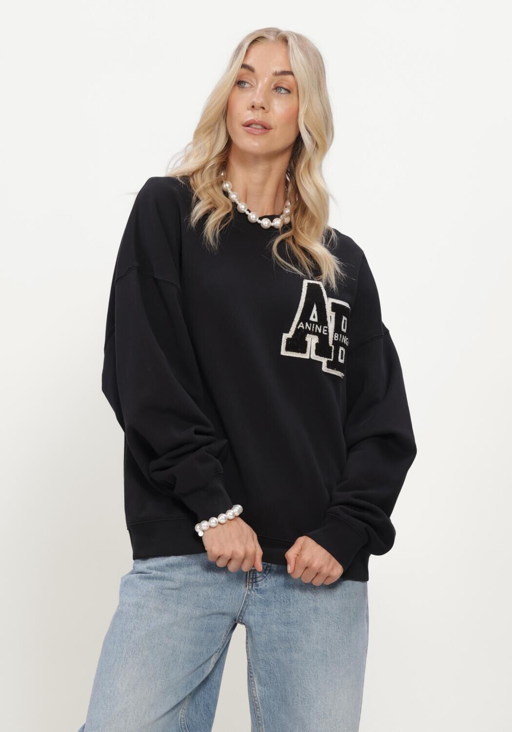 Zwarte ANINE BING Sweater MILES OVERSIZED SWEATSHIRT LETTERMAN - large
