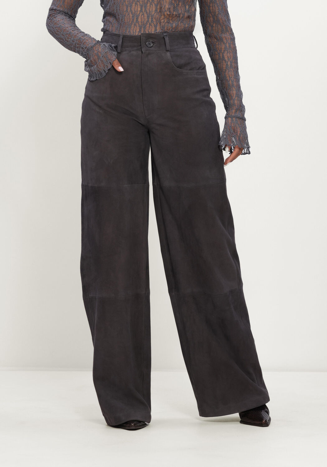 Donkergrijze IBANA Wijde broek PHINOU SUEDE - large