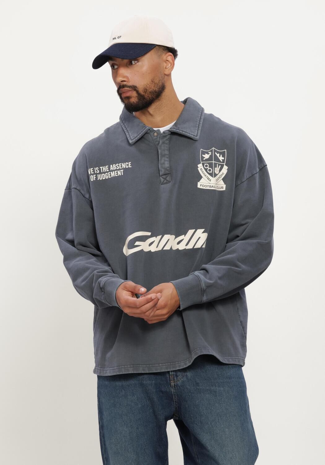Donkergrijze HOPEIUM Sweater FOOTBALL GANDHI POLO SWEAT HEAVY WASHED GREY - large