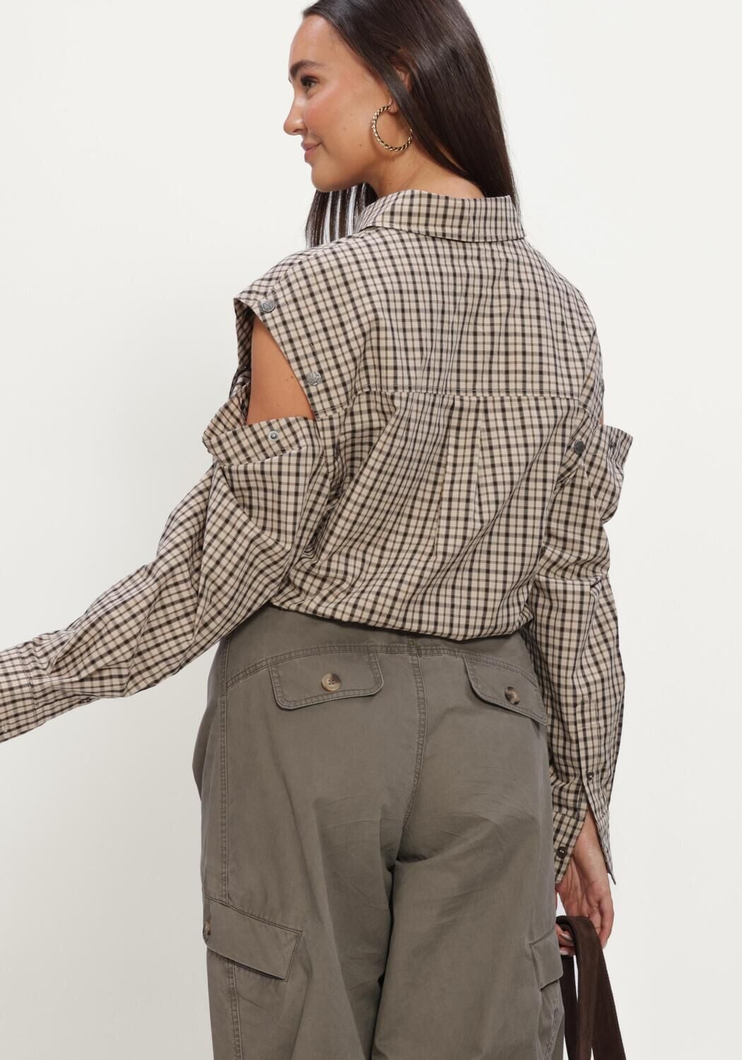 Beige HAUTE L'AMITI&Eacute; Blouses RUBY CHECK BUTTON SLEEVE SHIRT - large