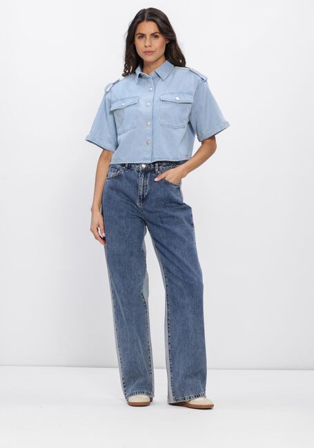 Lichtblauwe ALIX THE LABEL Blouses LADIES WOVEN FLOWY DENIM SHORTSLEEVE BLOUSE - large