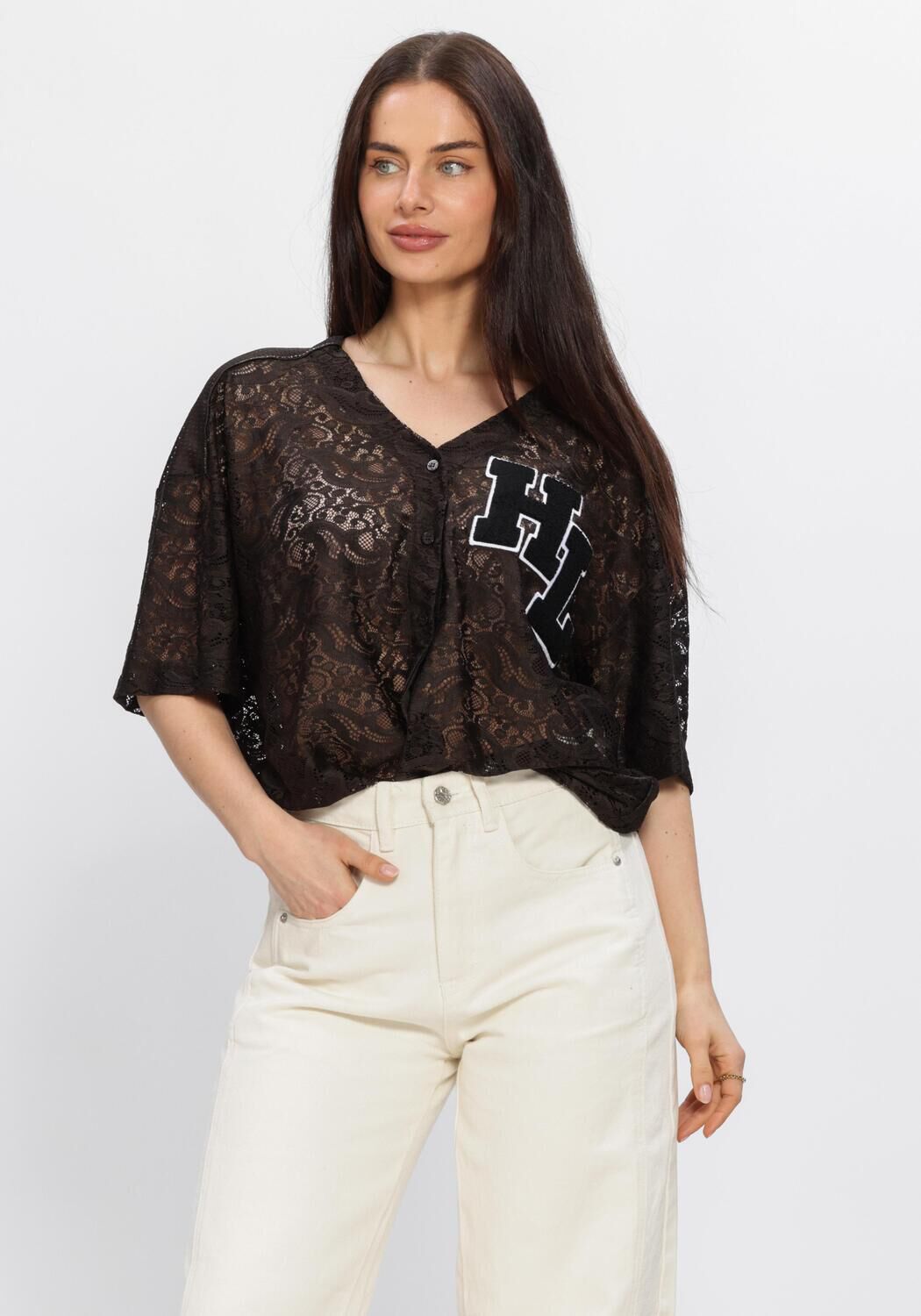 Haute L'Amitié Top Dames Court Lace Tee, Maat: S, Kleur: Bruin afbeelding 1