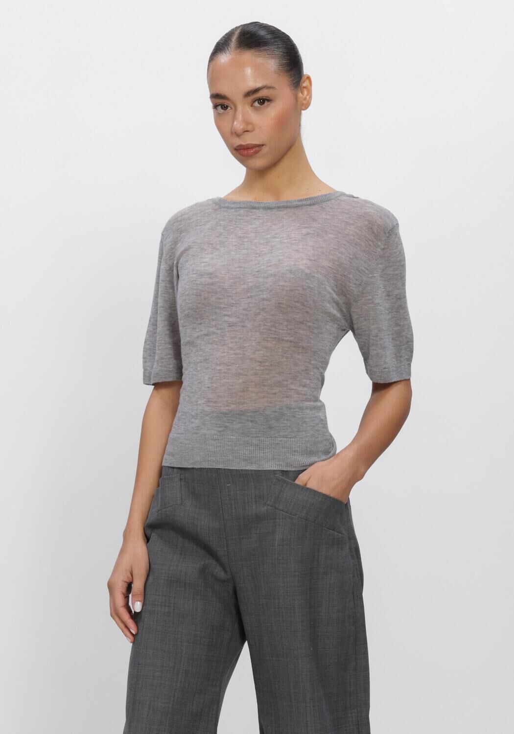 Grijze GANNI T-shirt SHEER WOOL BLACK TIE TOP - large