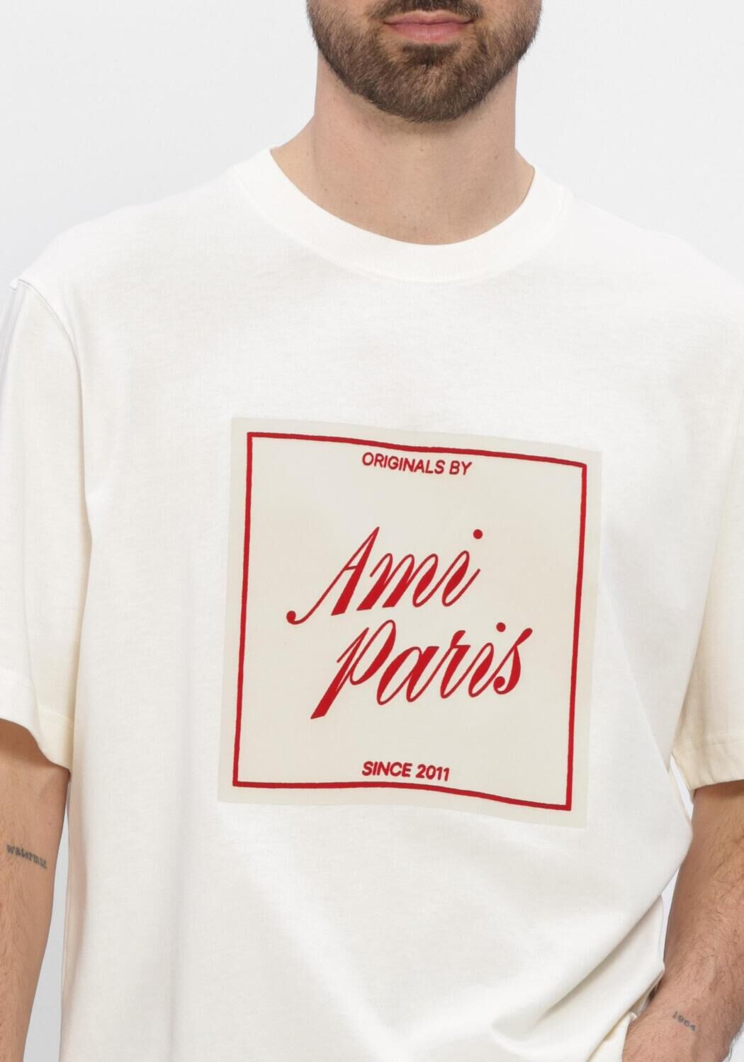 Ecru AMI PARIS T-shirt BOXY FIT SHORT SLEEVES TEEHISRT WITH SIGNATURE PRINT AT FRONT - large