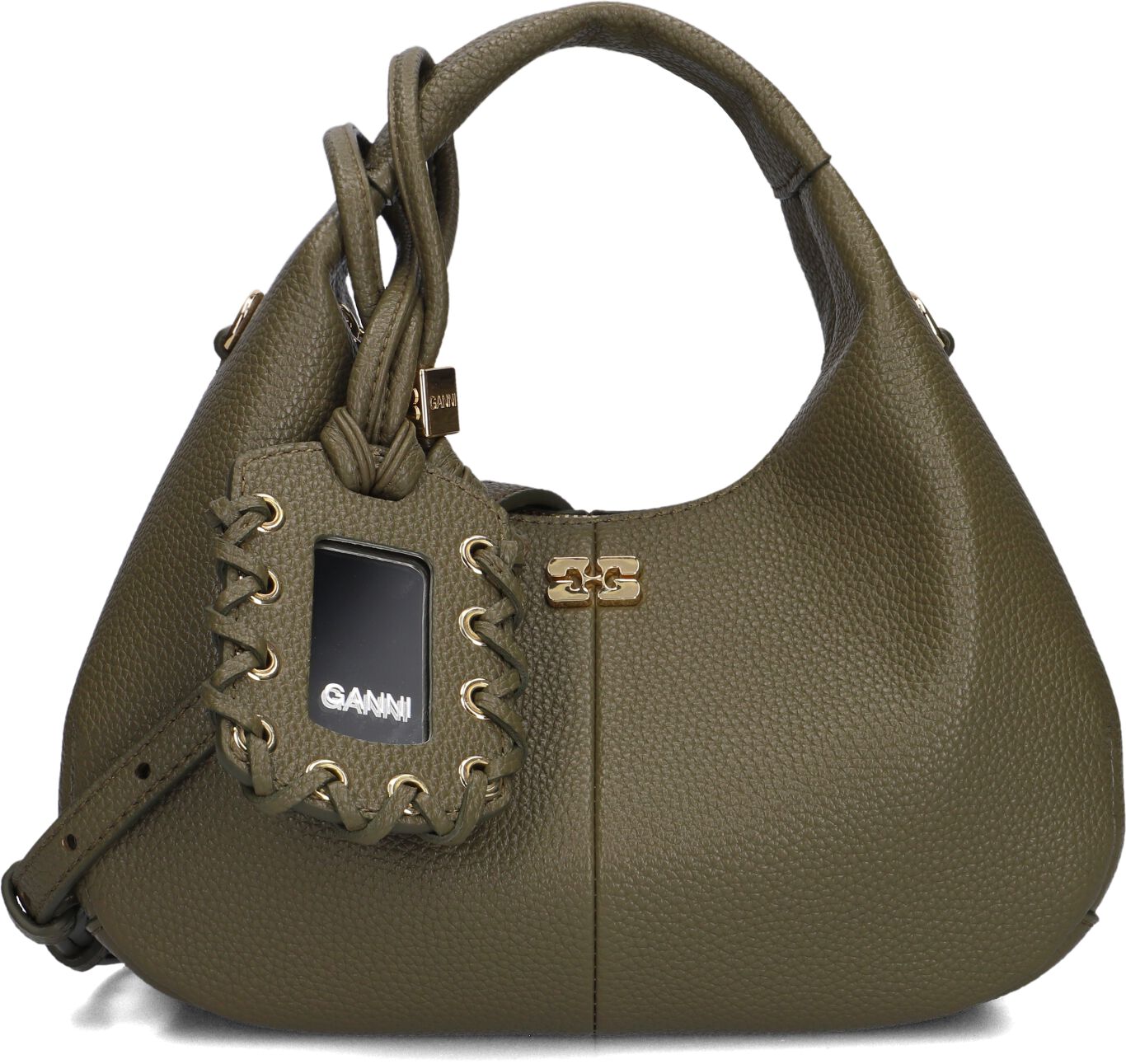 Ganni Ganni Handtas Dames Hobo Mini Grained, Materiaal: Leer, Kleur: Donkergroen