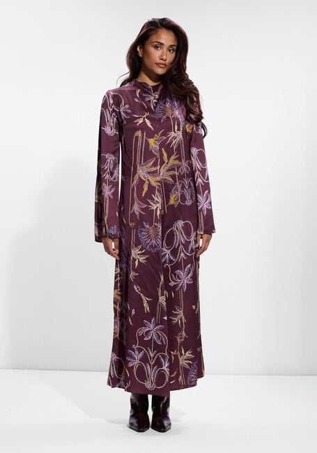 Bordeaux FORTE FORTE Maxi jurk SOGNI PRINT ENVERS SATIN LONG SLEEVES DRESS - large