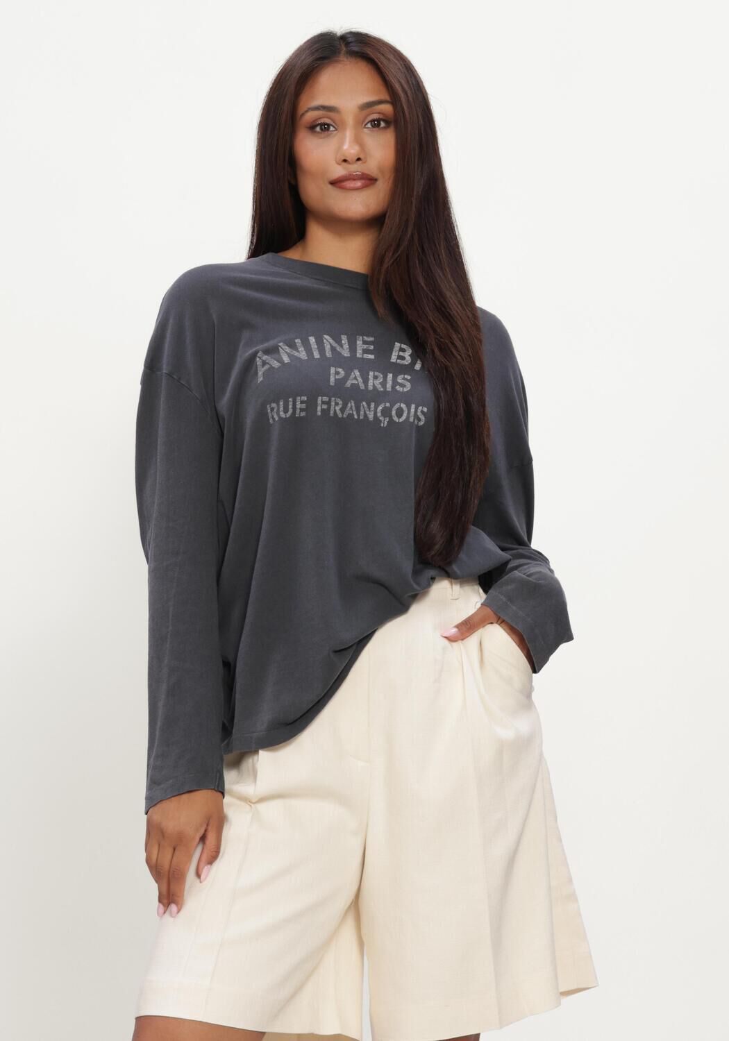 Donkergrijze ANINE BING T-shirt IVAN LONG SLEEVE PARIS STENCIL - large