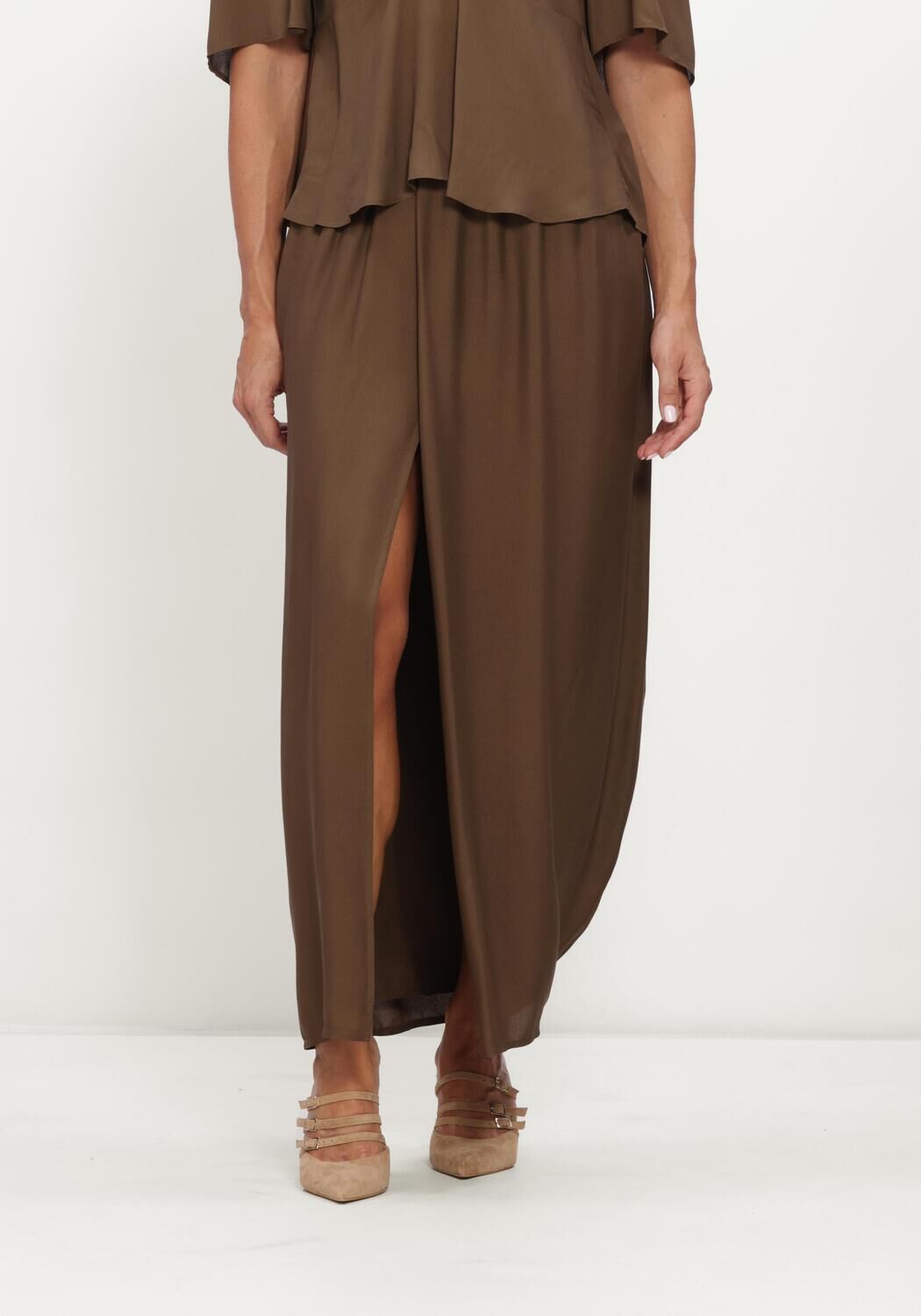 Bruine FORTE FORTE Maxirok MIXED SILK MAROCAINE SLIT SKIRT - large