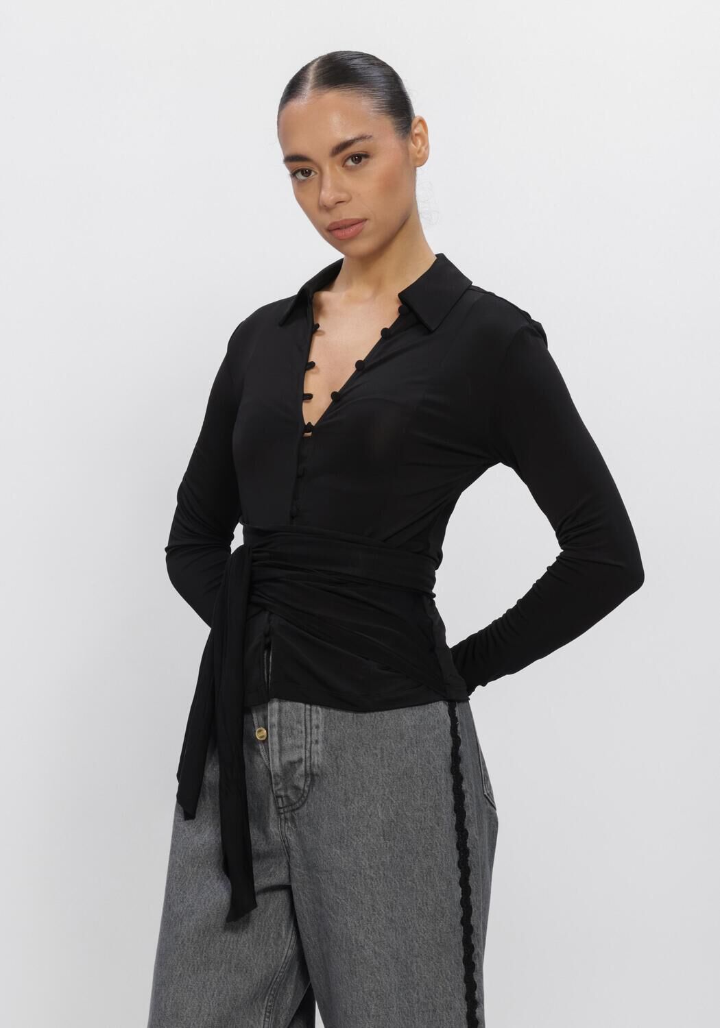 Zwarte GANNI Top JERSEY LONG SLEEVE TIE BLOUSE - large