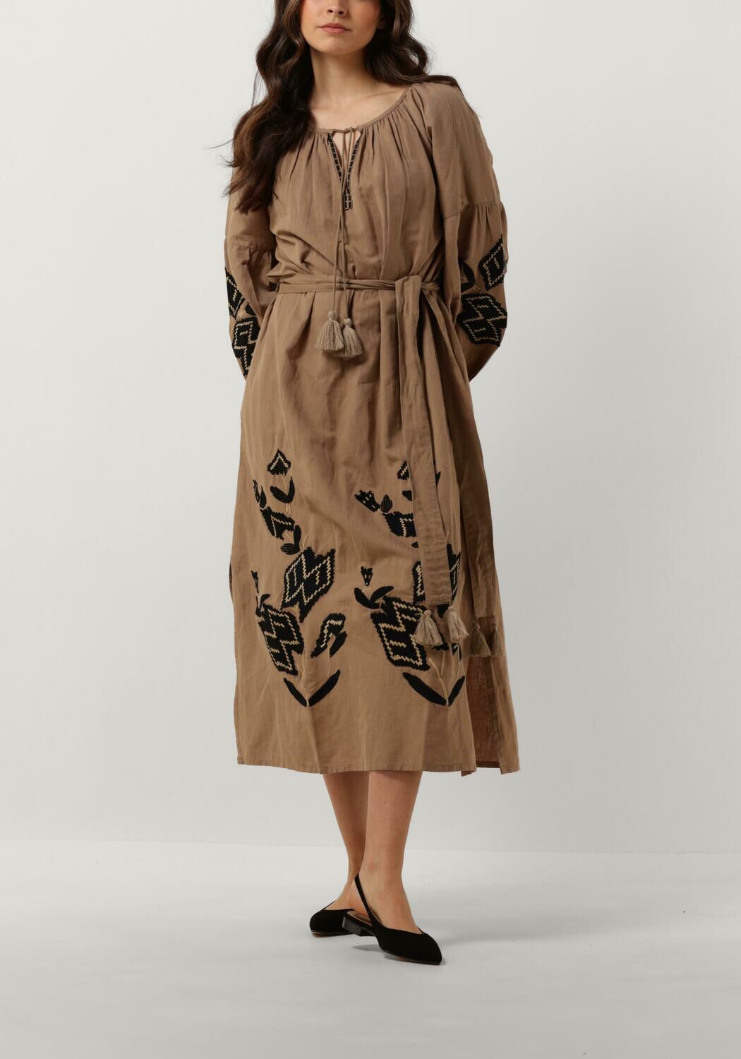 bruine summum midi jurk dress linnen heavy embroidery