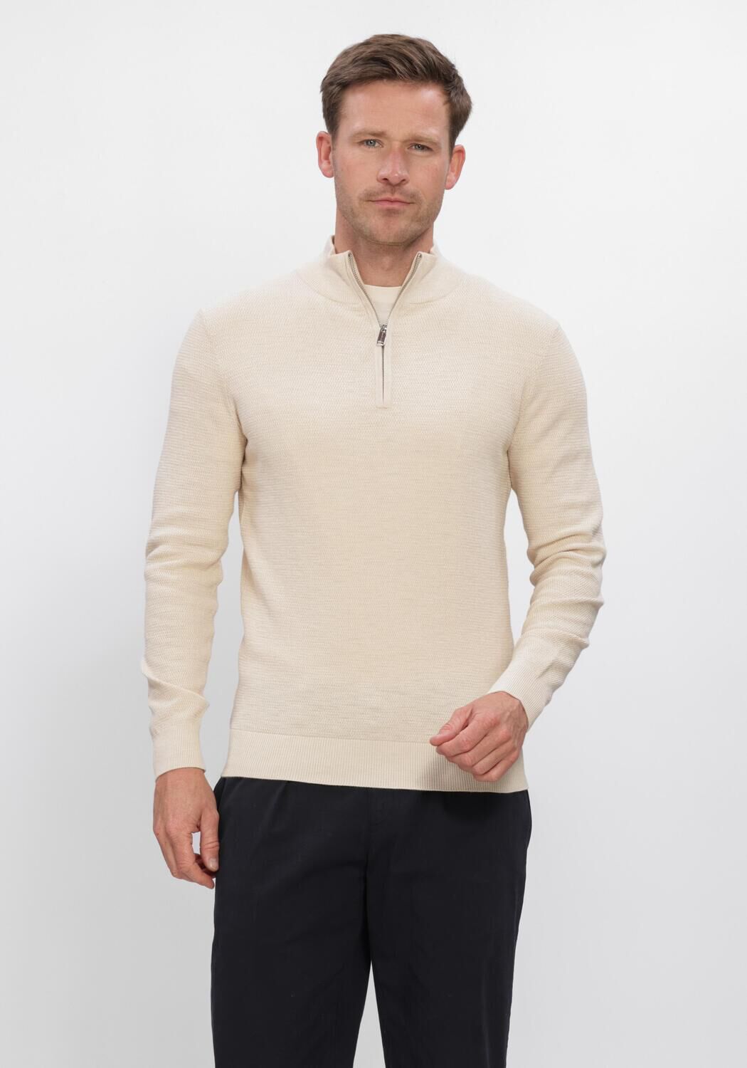 Creme PROFUOMO Trui PULLOVER HALF ZIP TWINKLE SLUB STRUCTURE - large