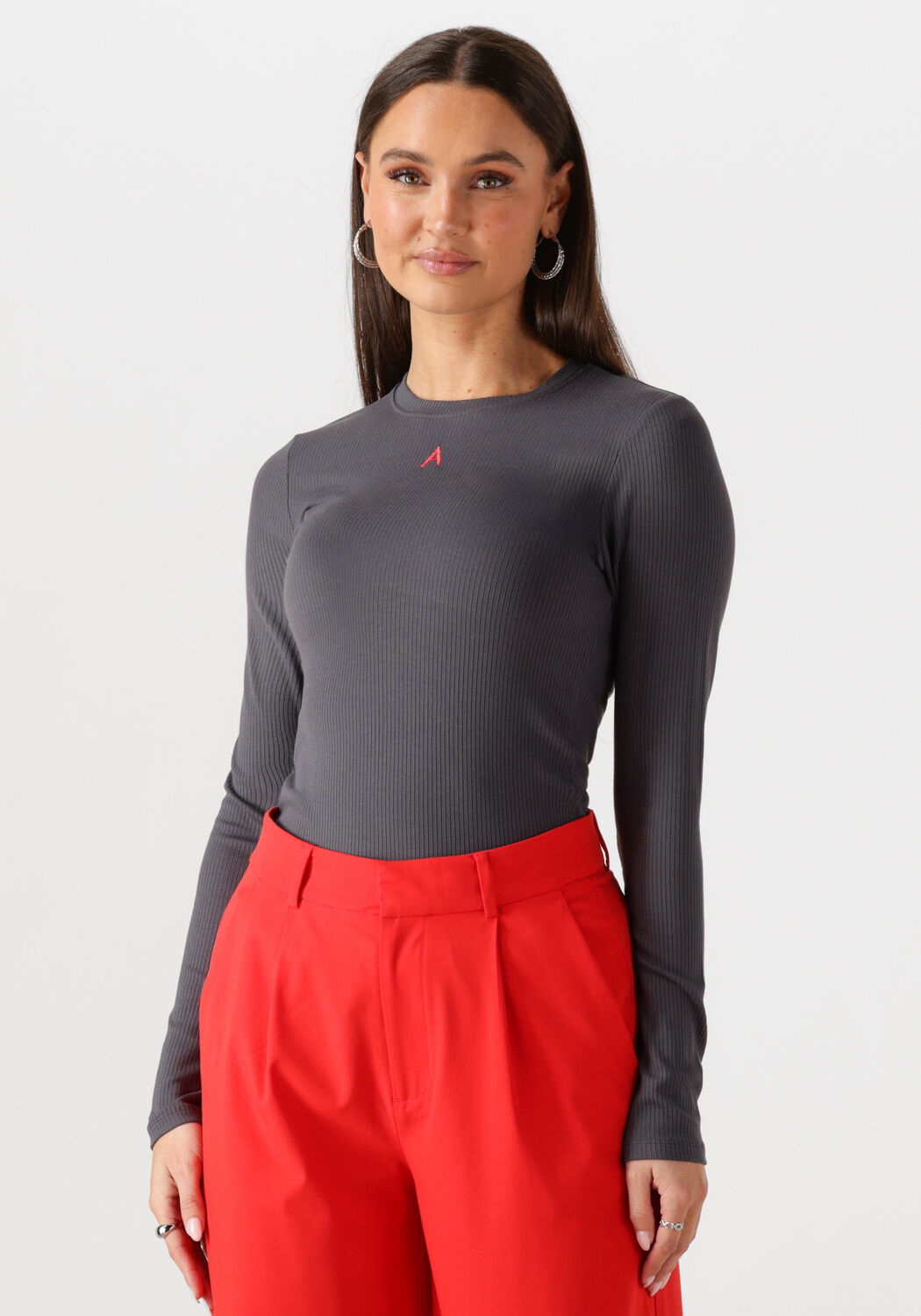 Alix the Label Top Dames Ladies Knitted Modal Longsleeve Top, Maat: L, Kleur: Donkergrijs