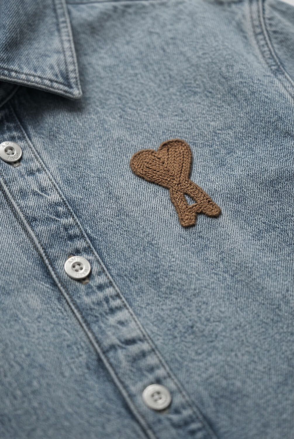 Blauwe AMI PARIS Overshirt OVERSHIRT WITH KNITTED AMI DE COEUR - large