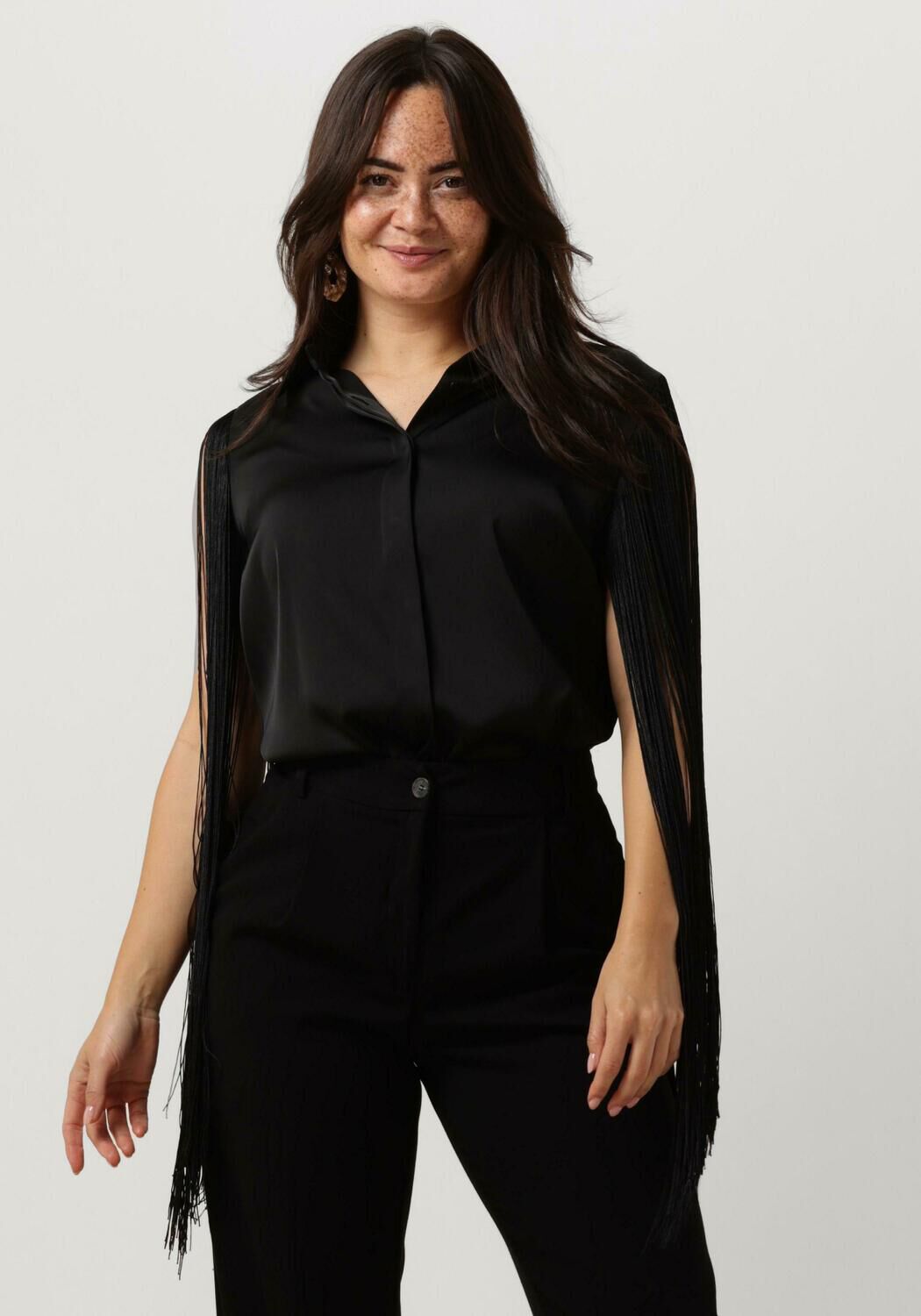 Access Blouse Dames Shirt With Fringed Sleeves, Maat: 34, Kleur: Zwart